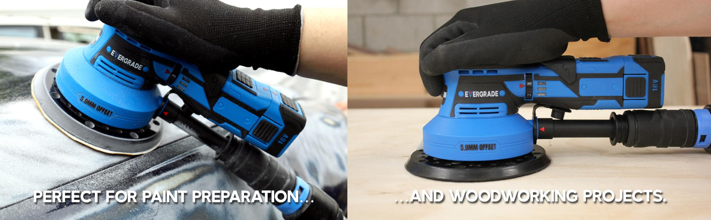 EVERGRADE AWARD WINNING FINALIST Professional 5" & 6" CORDLESS DA Random Orbital Power Sander with 3/32" (2.5mm) Offset - STARTER KIT RGX Pro 332 - WOODWORKING, Automotive, Paint, (Fine Finish)