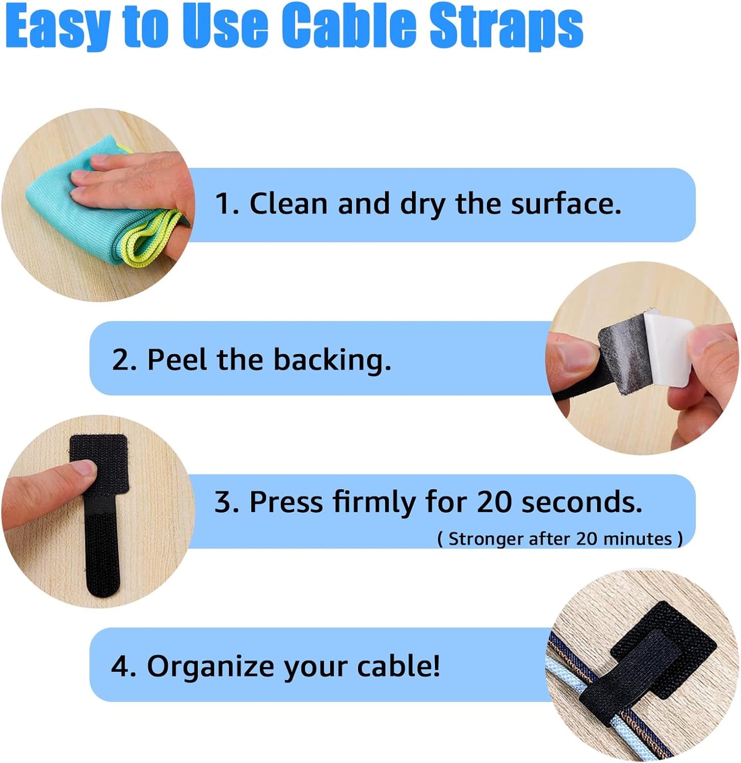 BTPIEL 80PCS Hook and Loop Cable Ties, Under Desk Cable Management, Adhesive Cable Straps, Cord Management Hider Idea