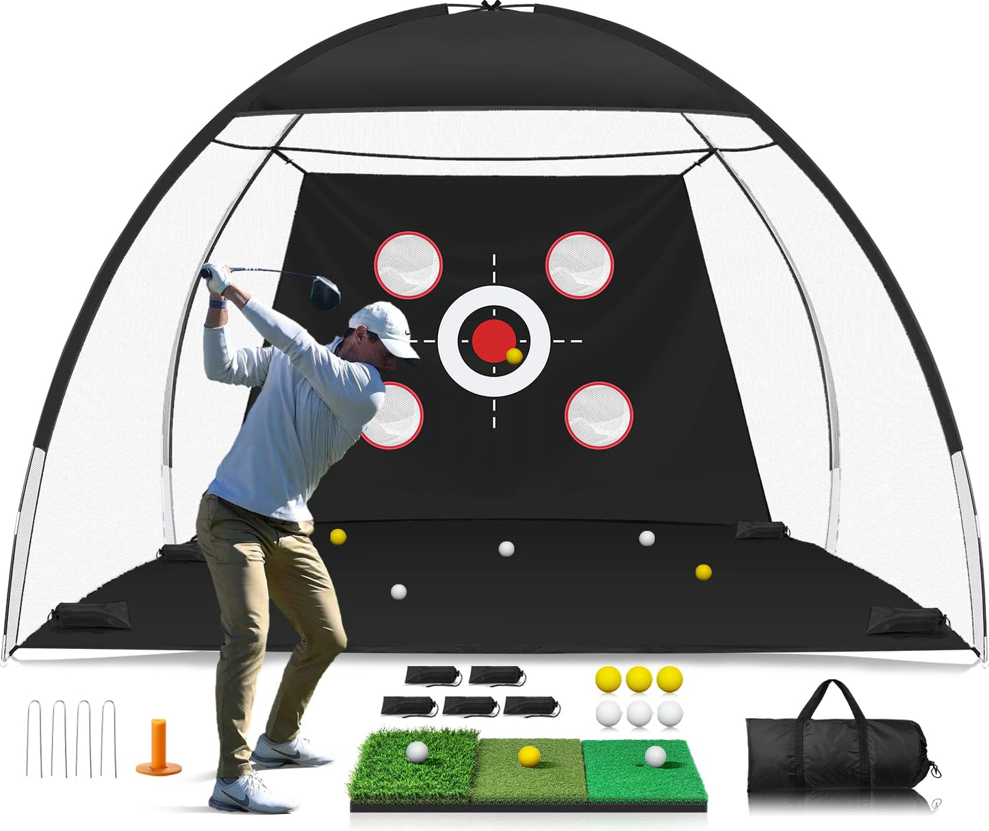 10x7FT Golf Net with Tri-Turf Mat, Indoor Outdoor Golf Hitting Net for Backyard Driving Chipping Training Swing, Ideal Golf Gifts for Men, Dad, Golfer