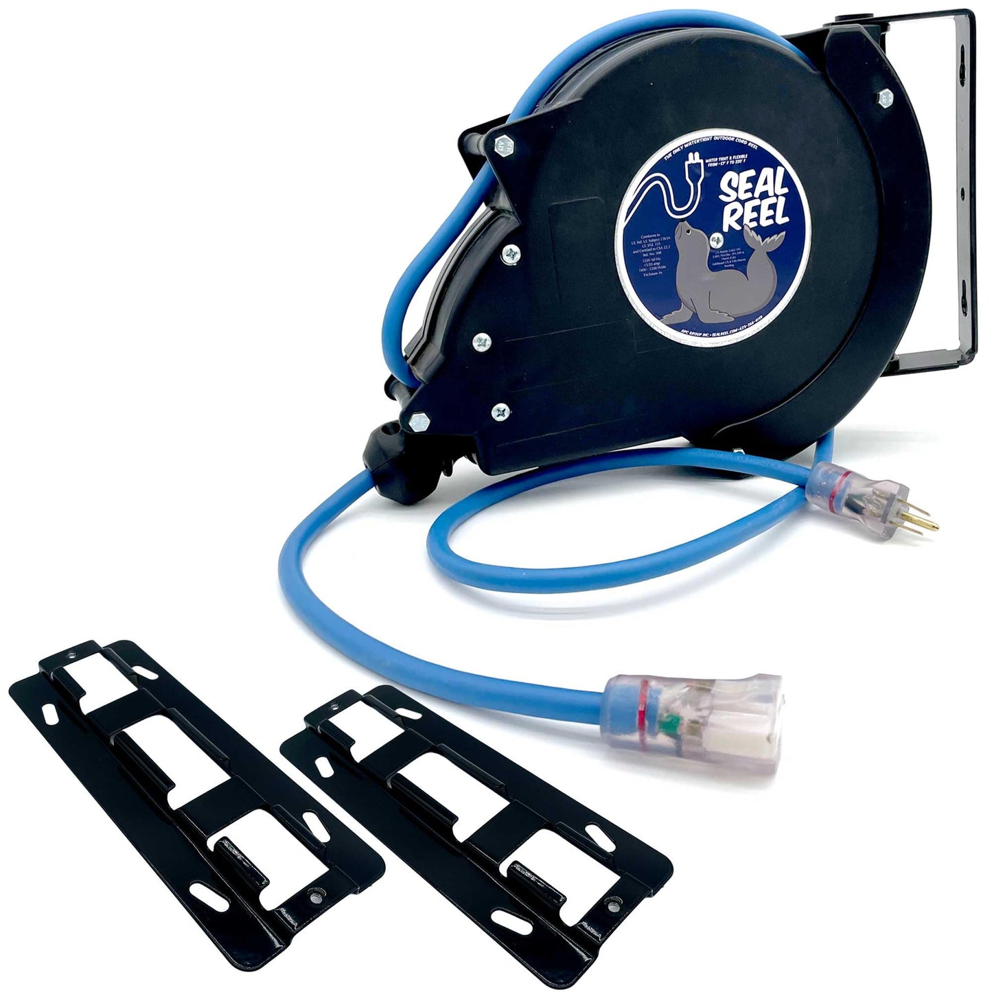 SEAL REEL 40ft. 16/3 SJEOOW Cable Outdoor/Watertight Retractable Cord Reel, Watertight, Heavy-Duty with 15A Breaker, Retractable to 10° F, Includes 2 Mounting Brackets,180° Swivel Mount.