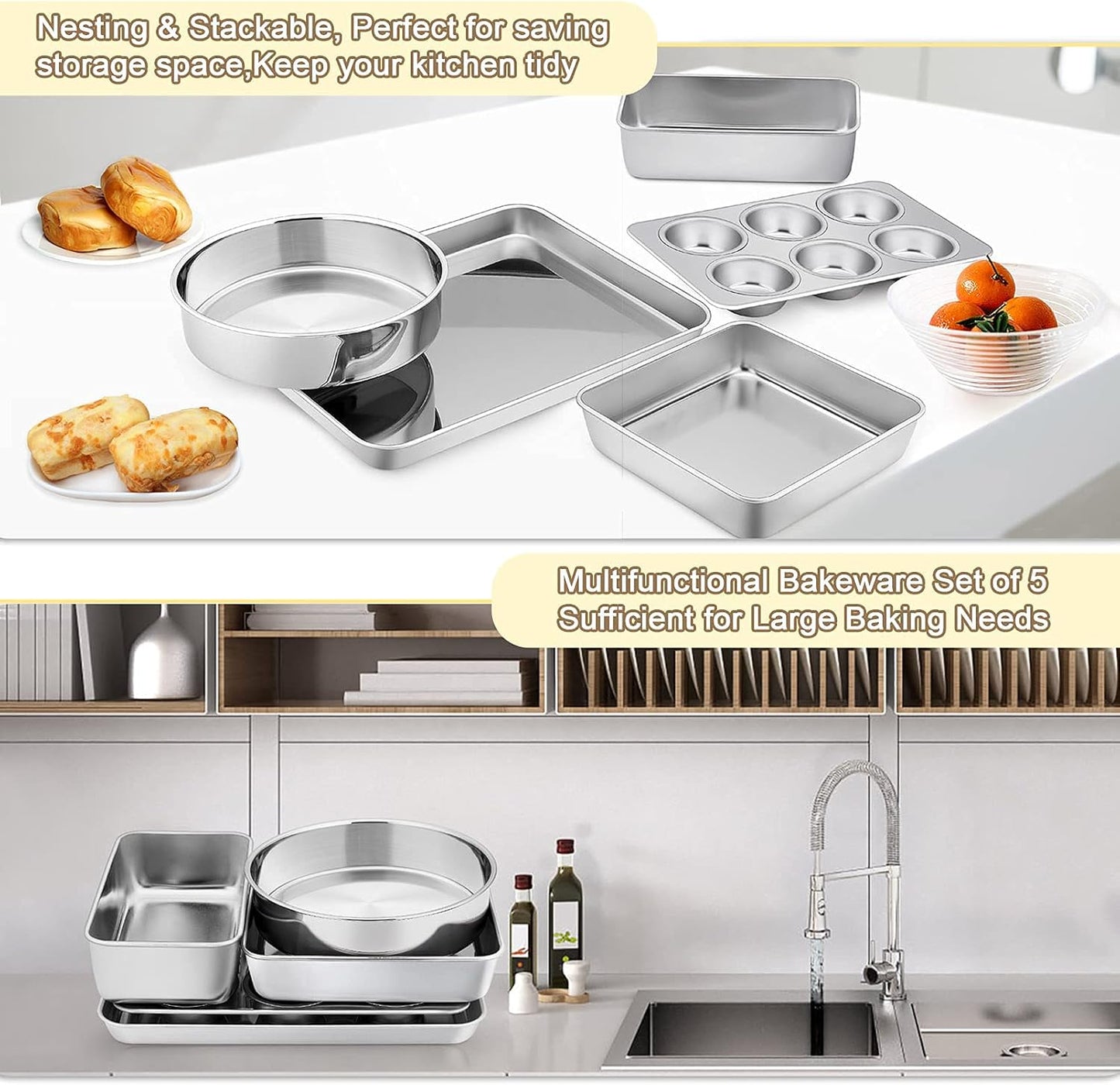TeamFar Bakeware Set - Heavy-Duty Stainless Steel Baking Pans | 5-Piece Set with Cake, Loaf & Muffin Pans