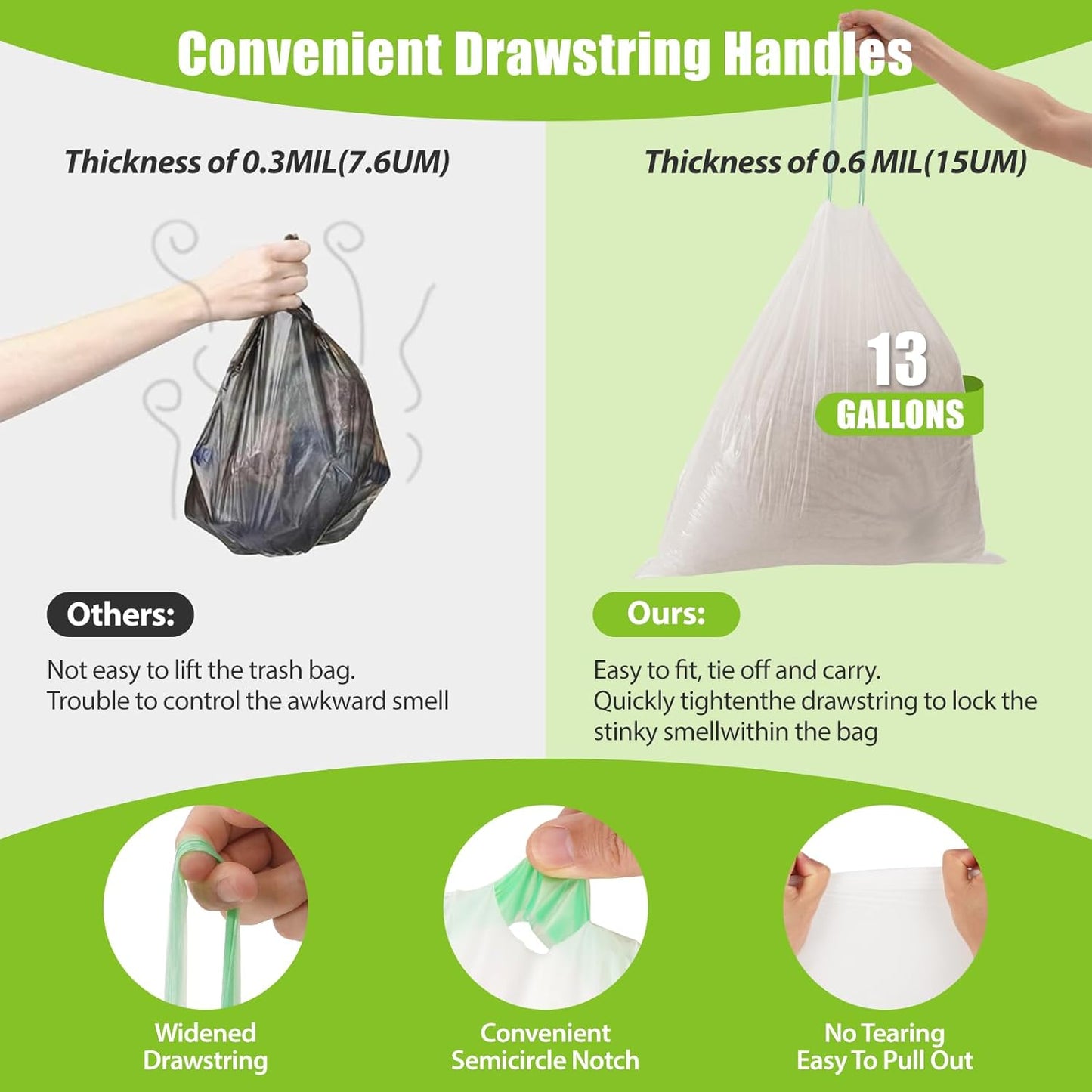 ValueGuard 13 Gallon Tall Drawstring Trash Bags - 100% Recycled Waste Bags for Kitchen & Office (300 Count)
