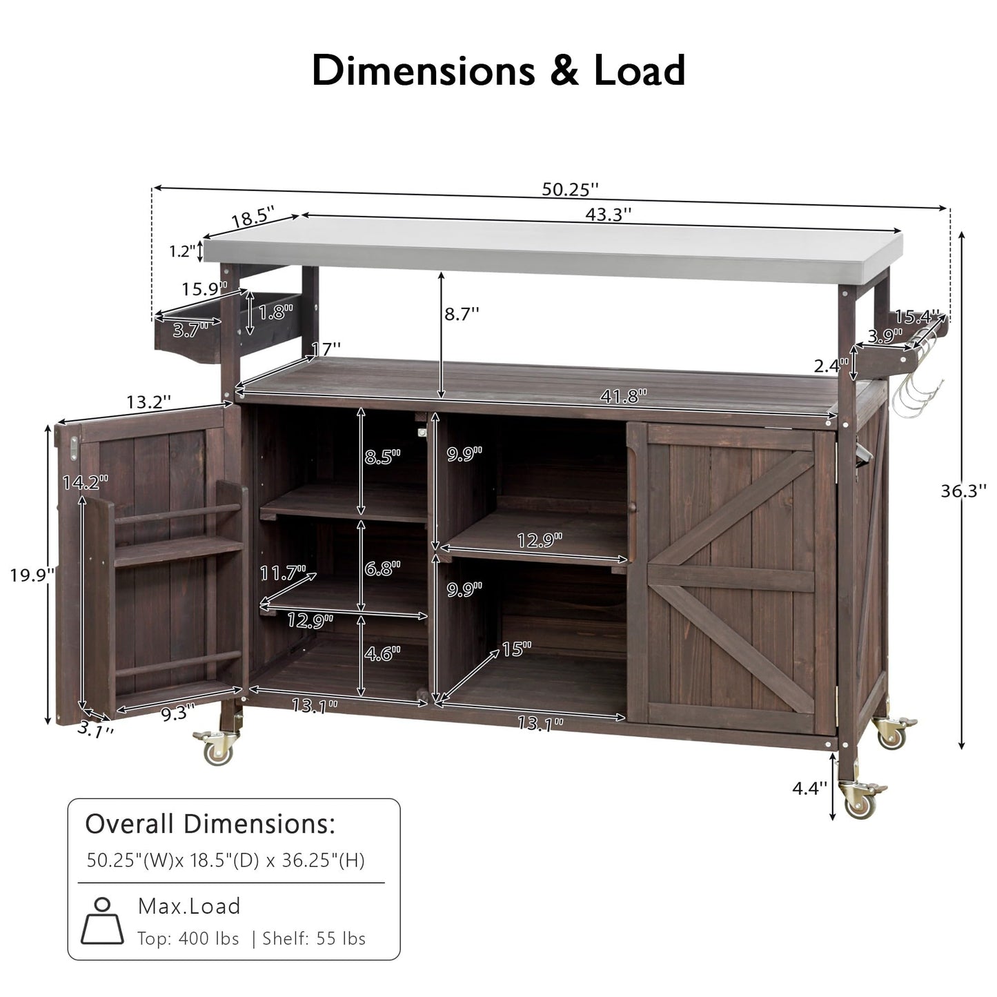 EOAWE Outdoor Grill Cart with Storage, Rolling Bar Cart and Lockable Wheels, Farmhouse Solid Wood Outdoor Grill Table with Stainless Steel Top, Spice Rack, Towel Rack for Kitchen and BBQ, Dark Brown