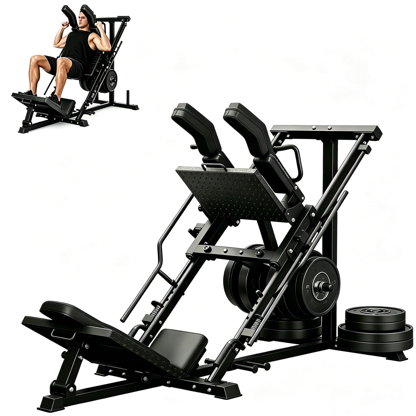 Leg Press Hack Squat Machine 2-in-1 for Home Gym, Linear Bearing System, 1200LB Capacity, 4-Position Safety Stops & Weight Storage, Lower Body Workout Equipment (Weights Not Included)