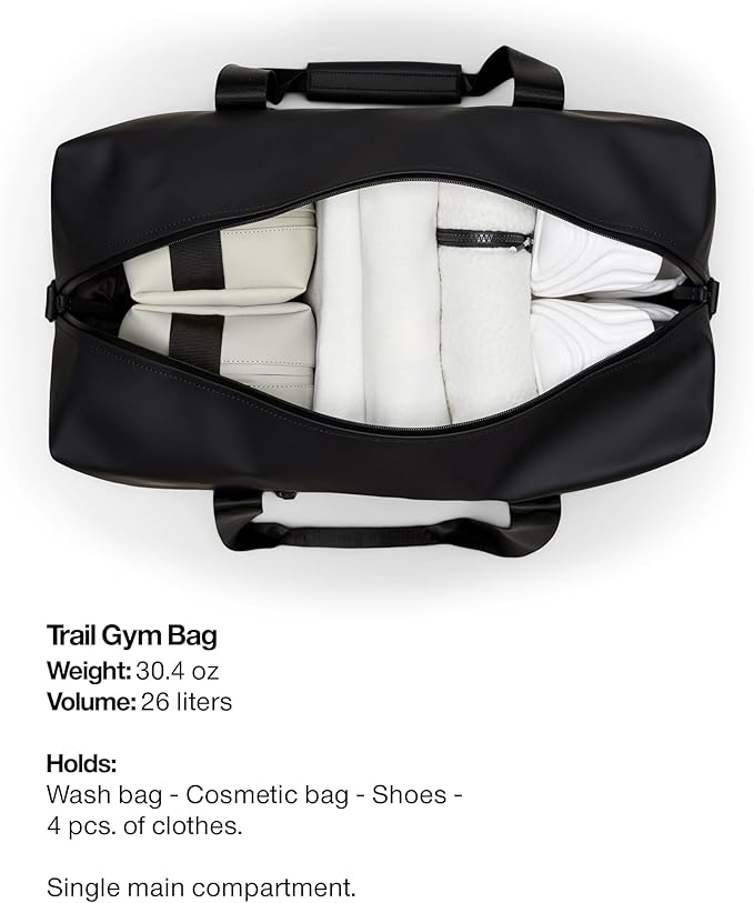 RAINS Trail Gym Bag - Black Waterproof Sports Duffel Bag for Men and Women with Shoulder Strap, Carry Handles and Mesh Pocket for Training or Travel - 2 Year Warranty