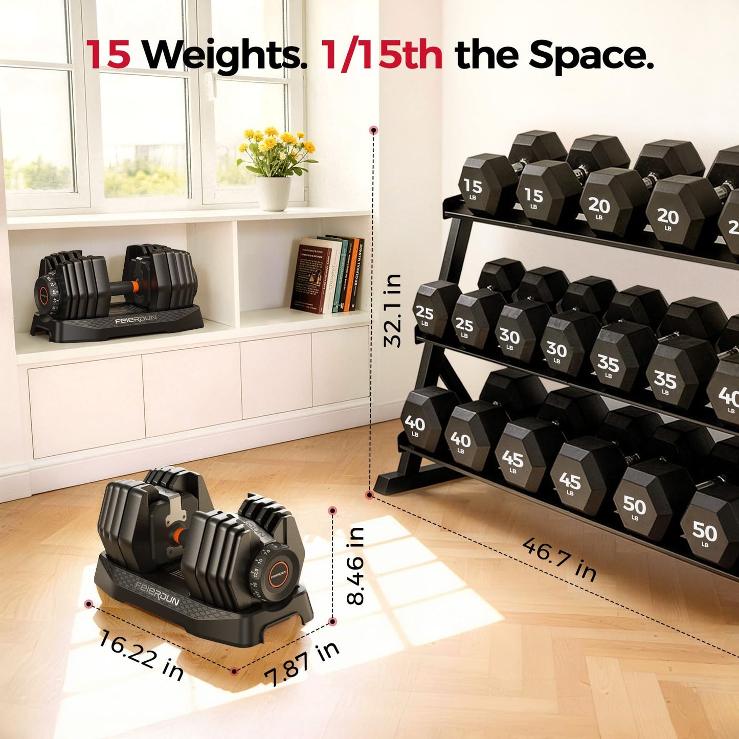 FEIERDUN DB1 QuickDial Adjustable Dumbbell Set, 15-in-1 Adjustable Weights with Storage Box & App, 105lb/52.5lb Quick Change for Drop Set, Superset & HIIT Home Gym, Non-Slip Handles, 3-year Aftersale Service
