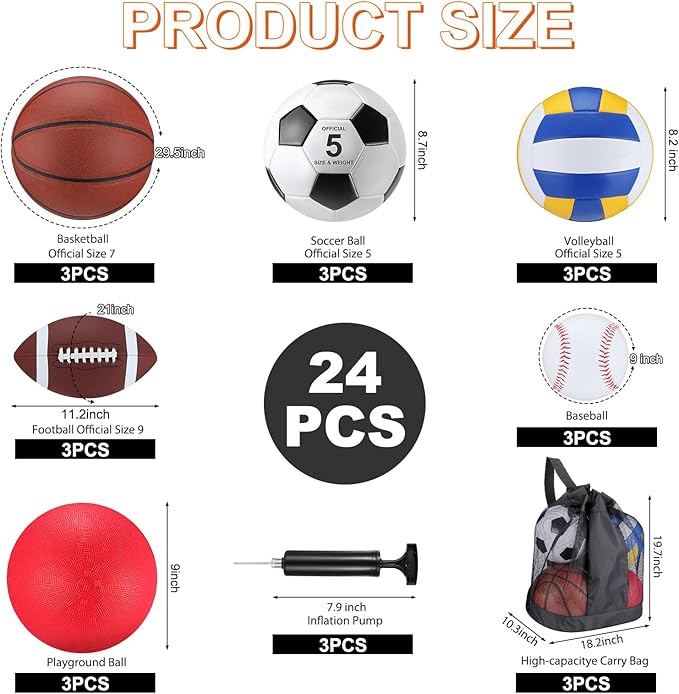 Leyndo 18 Pcs Sport Balls Bulk Set Basketball Football Volleyball Soccer Playground Baseball with Sport Equipment Bag Pump for Outdoor Indoor Practice Gift