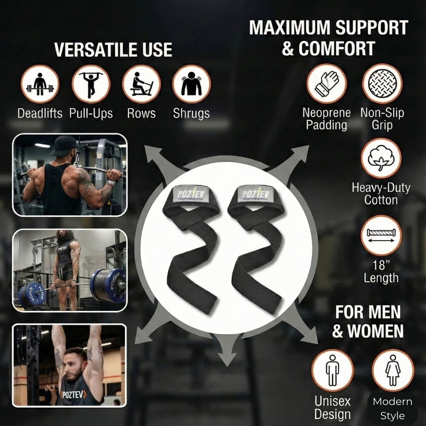 POZTEV Lifting Straps for Weightlifting, Deadlifts & Pull-Ups – Non-Slip, Heavy-Duty Wrist Strap for Men & Women - 18" Cotton Gym Workouts Straps with Neoprene Padding for Powerlifting, Bodybuilding, Strength Training (Pair)