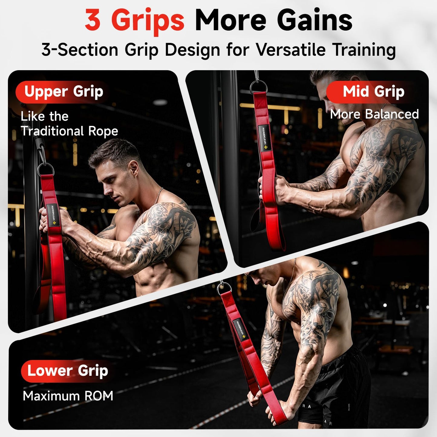 MANUEKLEAR Tricep Rope Cable Attachment Handles, Greater Range of Motion, Tricep Pull Down Rope for Push Downs, Crunches, Facepulls for Professional Gym (Red)