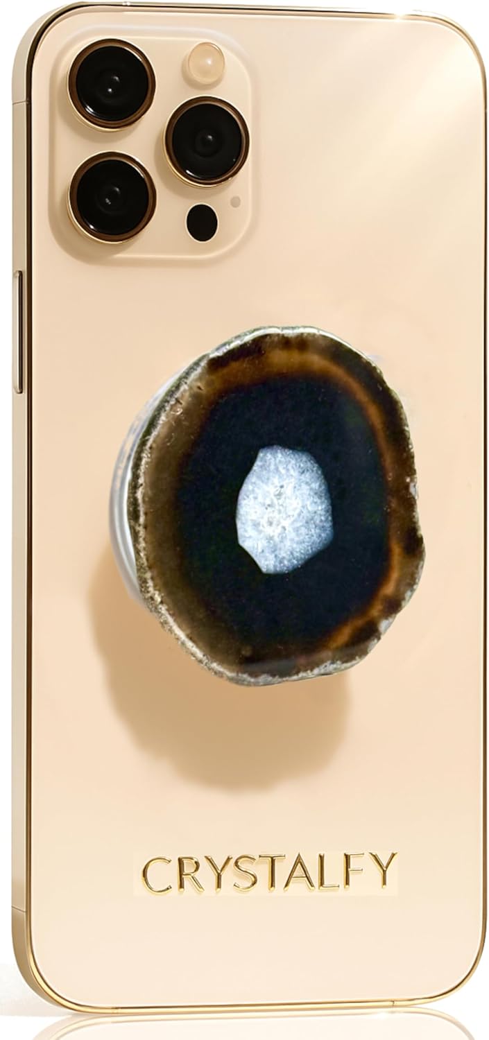 CRYSTALFY Grips by Brown Pattern Agate Round Shape Magnetic Crystal Phone Grip Holder & Expanding Kickstand-Natural