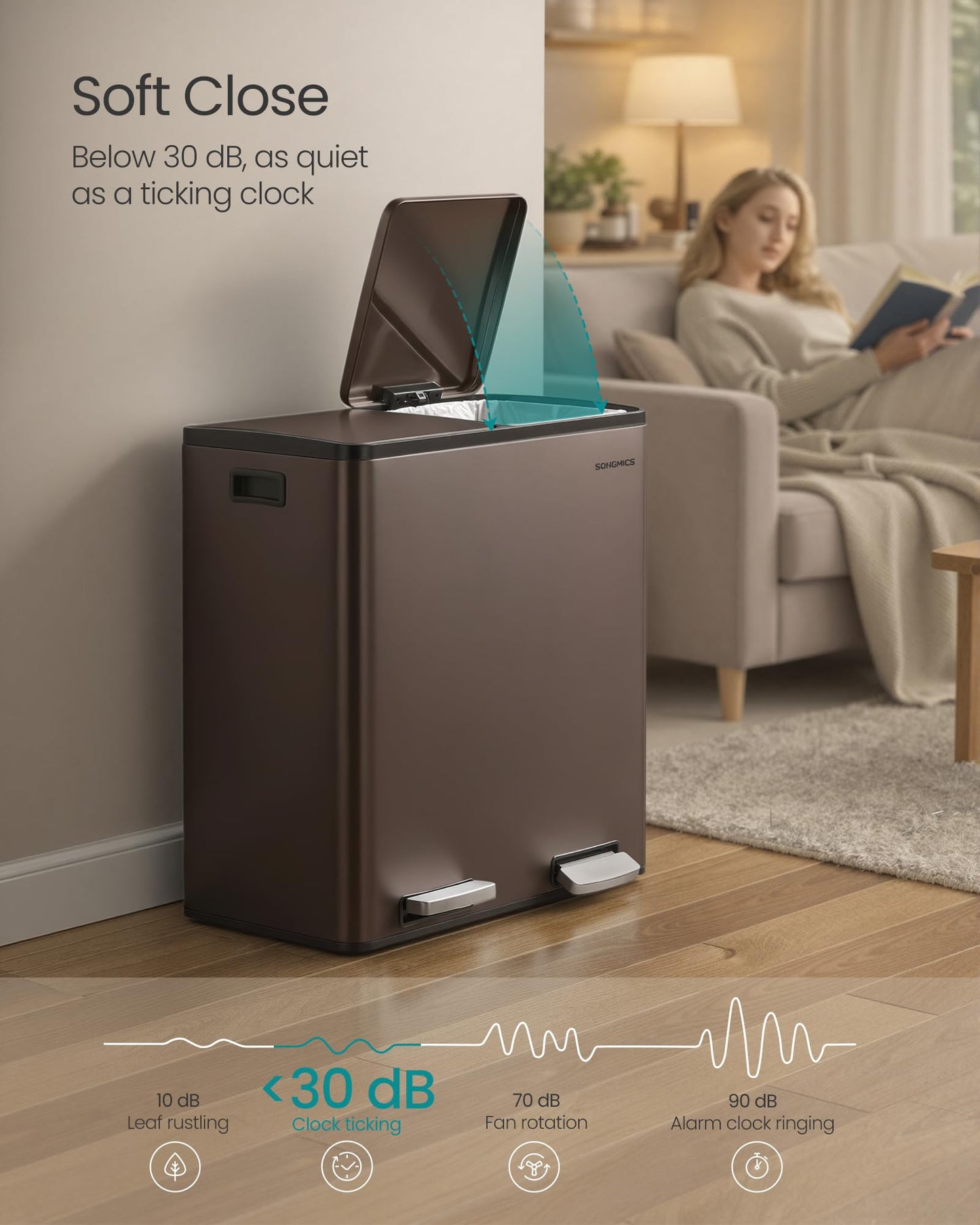 SONGMICS Trash Can, 2 x 8 Gallon (2 x 30 L) Double Compartment Garbage Can for Recycling, Stainless Steel, with 15 Liner Bags, Soft-Close Lids, Removable Buckets, Pedals, Brown ULTB160MZ01