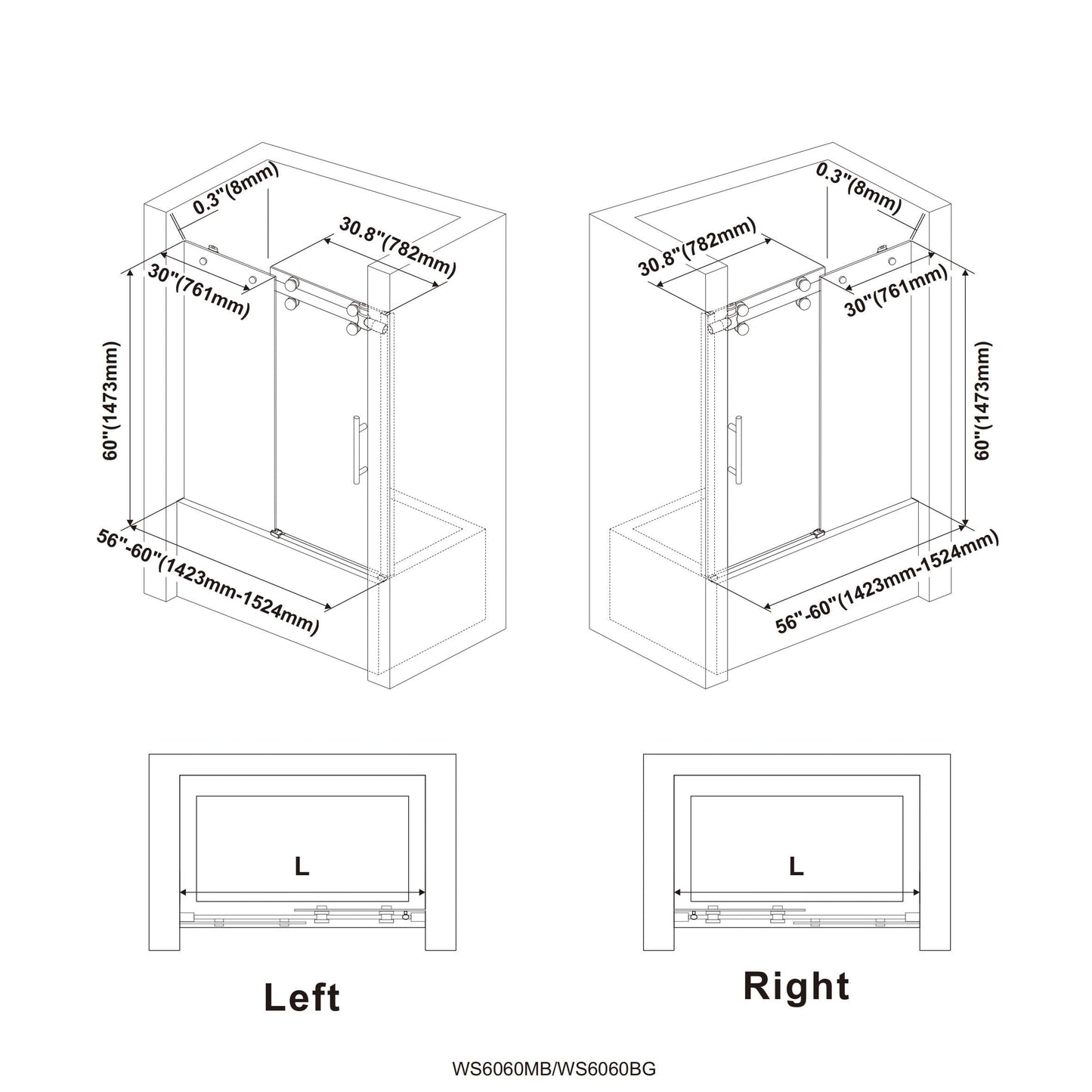 Bathroom Frameless Sliding Rectangle Shower Door, 56"-60"*60" H-Type Shower Door with 5/16" Clear Tempered Glass and Brushed Gold Stainless Steel Hardware with Reversible Handle