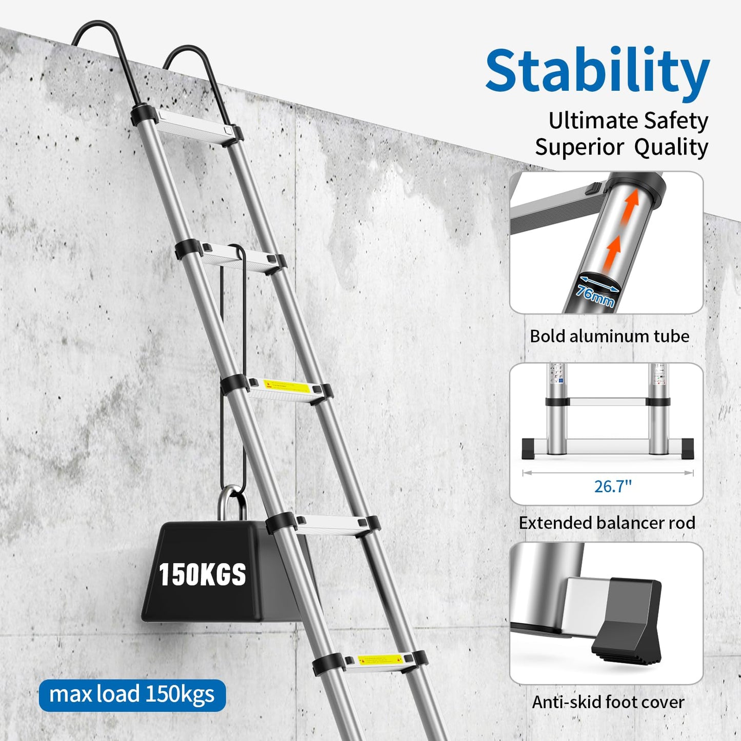 Telescoping Ladder,12.5FT Extension Ladder, Heavy Duty 330lbs Max Capacity, Multi-Purpose Collapsible Ladder with Stable Hook and Balancing Bar for RV or Outdoor Work