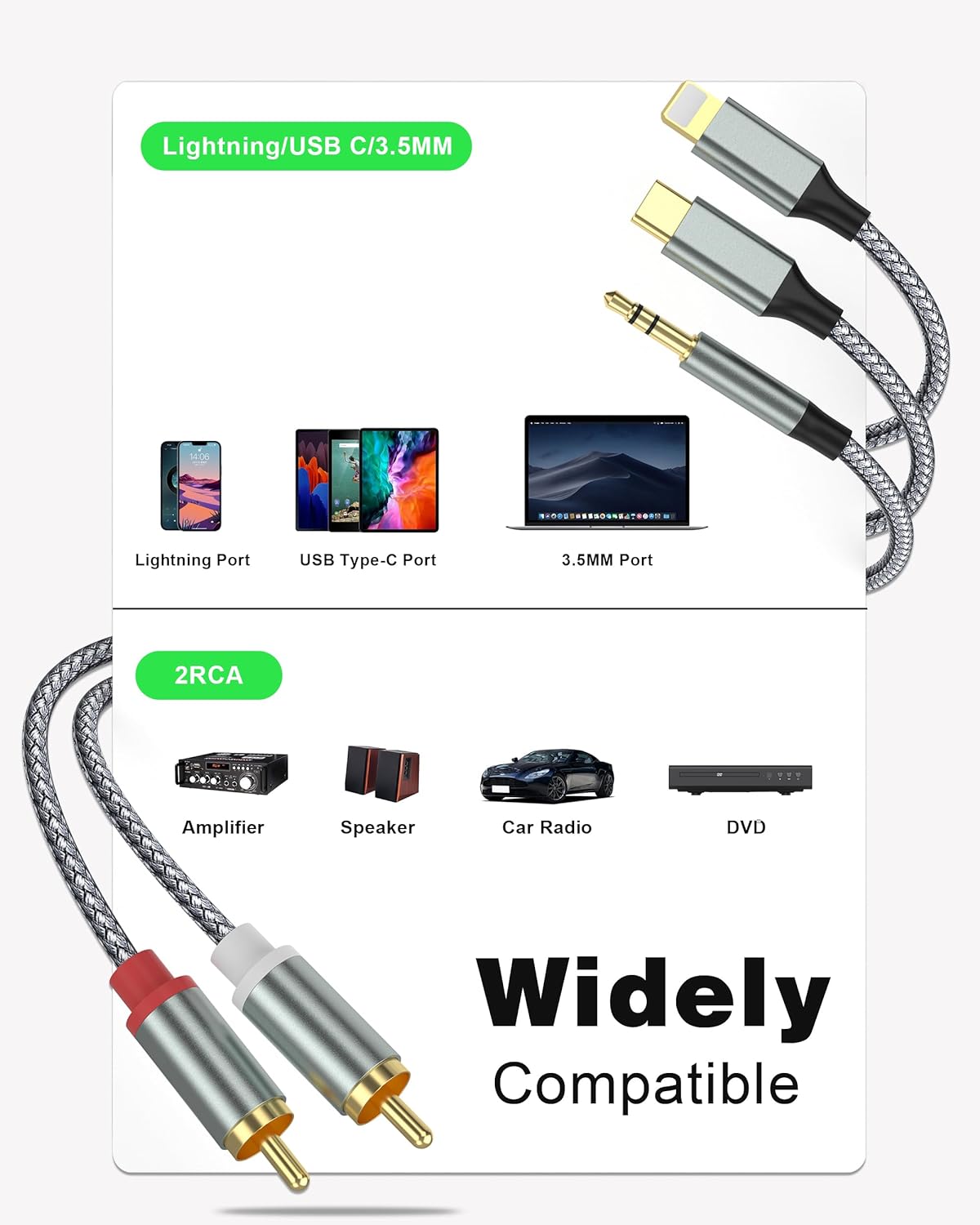 Apitiong 3.5mm 2 (3 1 Compatible)(4.26FT) Lightning to RCA Cable Audio Aux Adapter,RCA to CableUSB C to RCA Audio Cable