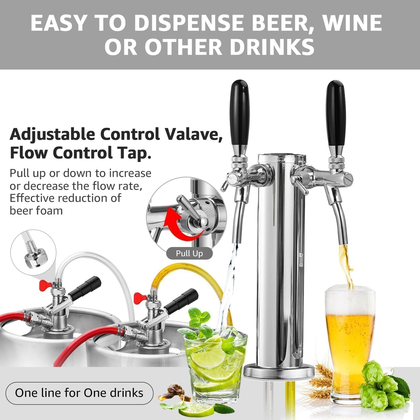 New Adjustable Dual Tap Kegerator Tower & Dual Keg Regulator CO2 Beer Pressure Regulator 0-60psi for Brewing