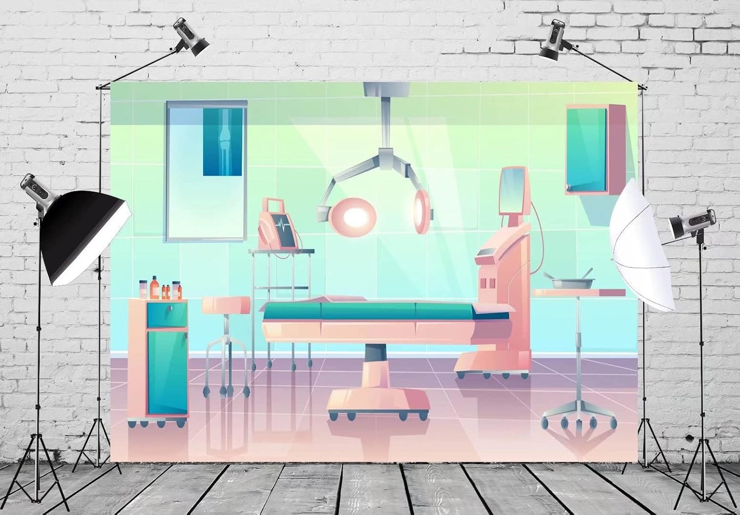 BELECO 8x6ft Fabric Cartoon Hospital Operating Room Backdrop Doctor Surgery Anesthesia Bed Medical Equipment Background