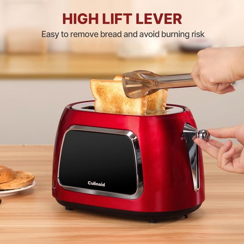 Culinaid Toaster 2 Slice Smart Touch Screen, Retro 1.5'' Extra Wide Slot Stainless Steel Digital Bread Toaster with Memory Function, Bagel, Defrost, 6 Browning Levels and Removable Crumb Tray, Red