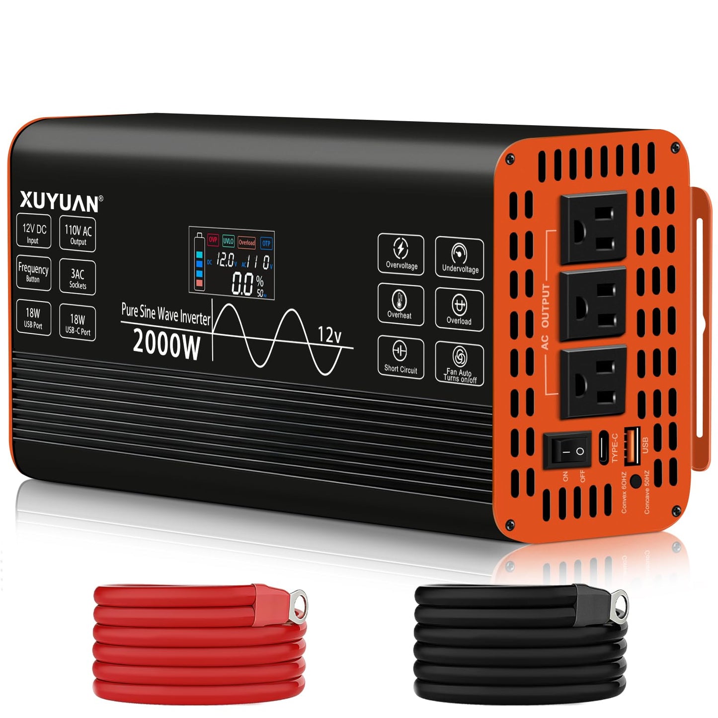 2000 Watt Pure Sine Wave Inverter,12V DC to 110V AC Power Inverter with 3 AC Outlets & 2 USB Ports, for Home Emergency, Solar System, Off-Grid Cabin