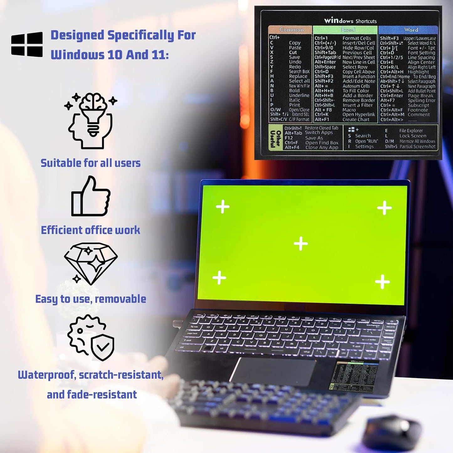 Eldraqth 2 Pack Windows Shortcut Sticker, Word/Excel Keyboard Shortcuts Cheat Sheet Shortcut Sticker Quick Reference