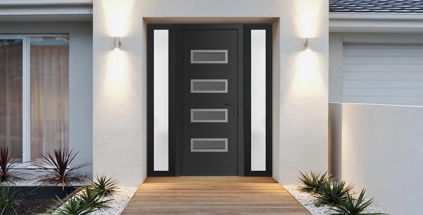 VDOMDOORS Front Exterior Prehung Metal-Plastic Door Frosted Glass | Manux 8113 Matte Black | 2 Side Sidelite Transoms | Residential Doors Entrance Patio Garage 68 x 80 (W16+36+16 x H80) Left-Inswing