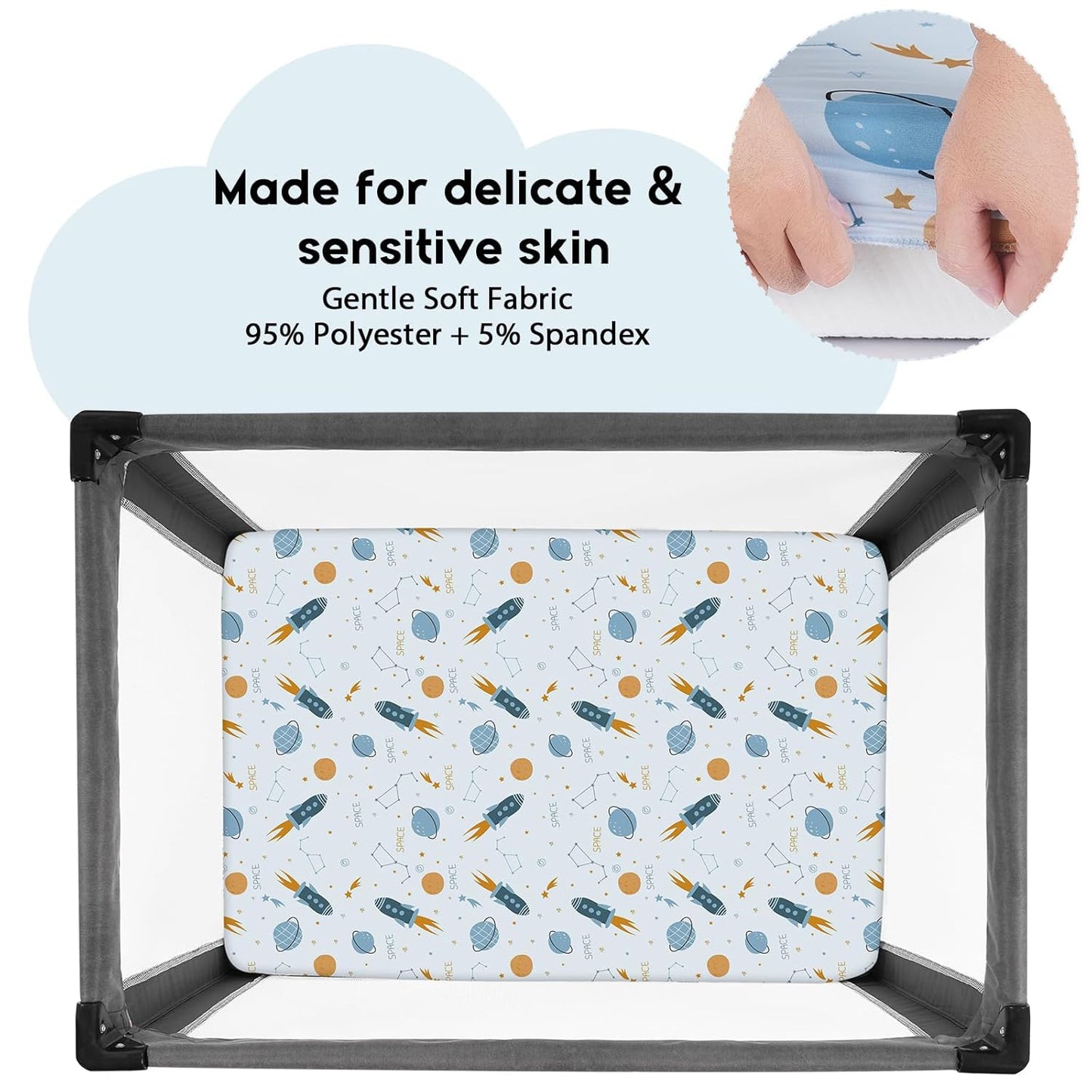 Yoofoss Fitted Pack and Play Sheets - Soft, Breathable Mini Crib Sheets 2-Pack in Blue Rocket Design