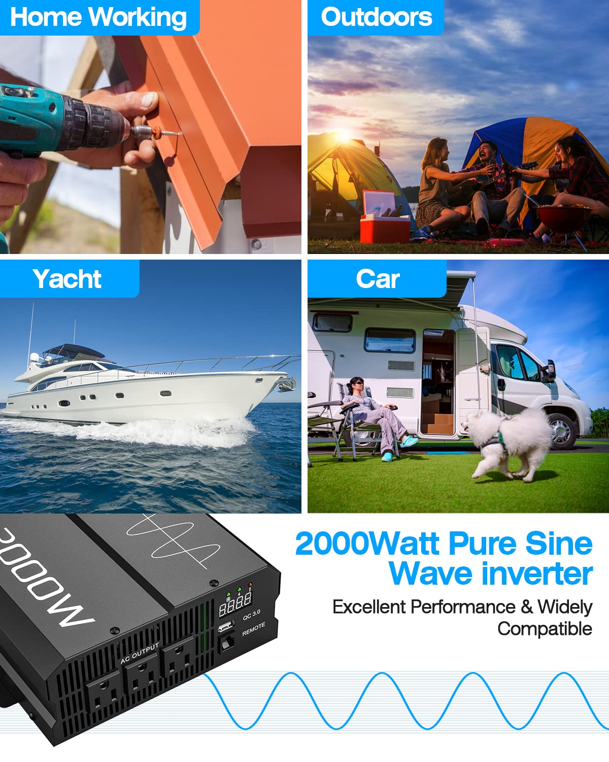 4000W Pk Pure Sine Wave Power Inverter 12V DC to 120V AC, Power Inverter 12V to 110V with QC3.0 USB, 3 AC Outlets, Off-Grid Solar Starlinks System Converter for Home, RV, Remote Controller