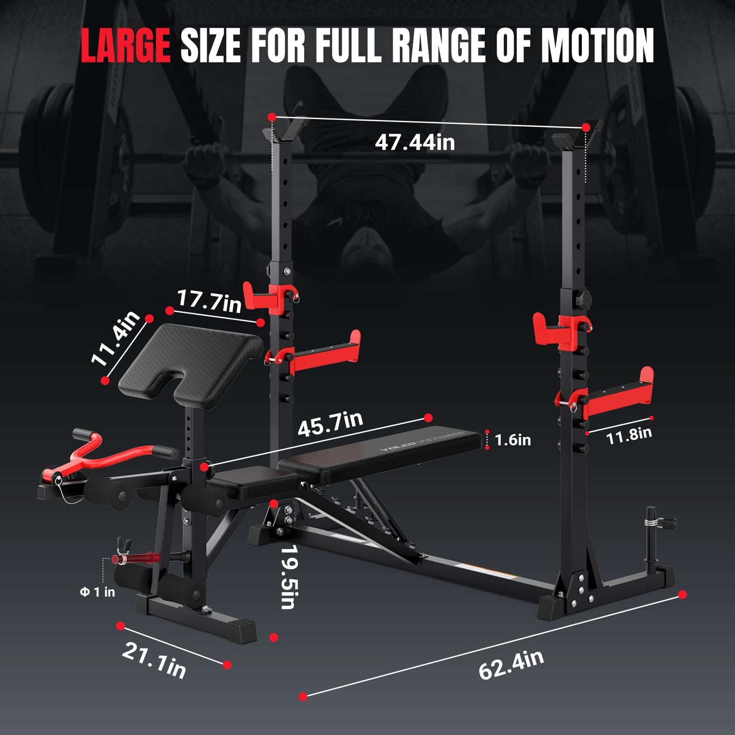 Yoleo Weight Bench with Rack - Bench Press Set, Leg Extension, Preacher Curl & Flat/Incline/Decline Full Body Workout Bench, Adjustable Olympic Weight Benches for Home Gym(47.44IN WIDE GRIP) (47.44“ Wide Grip)
