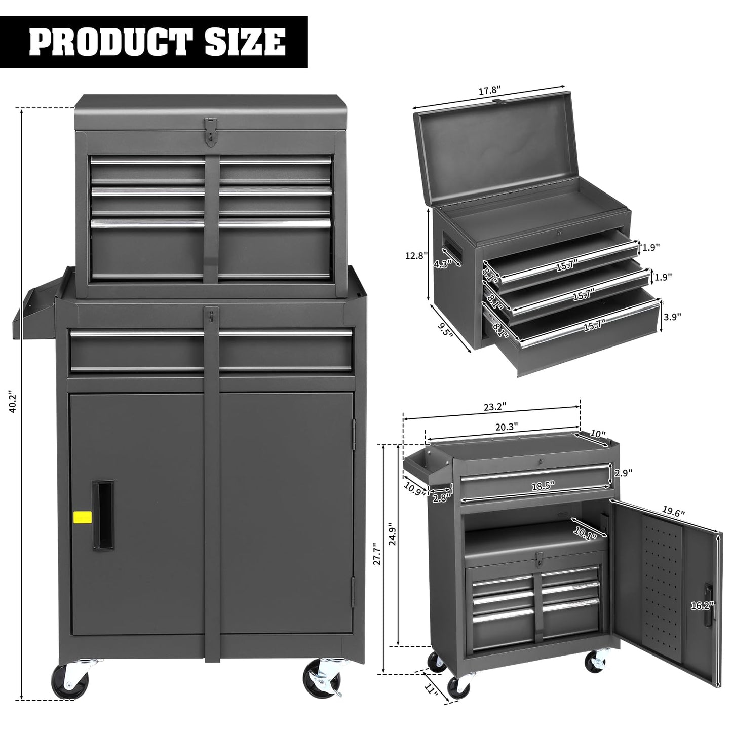Winado 4-Drawer Rolling Tool Chest with Wheels & Lock, Tool Box with Large Storage Cabinet and Adjustable Shelf, Removable Portable Top Box for Garage, Warehouse, Factory