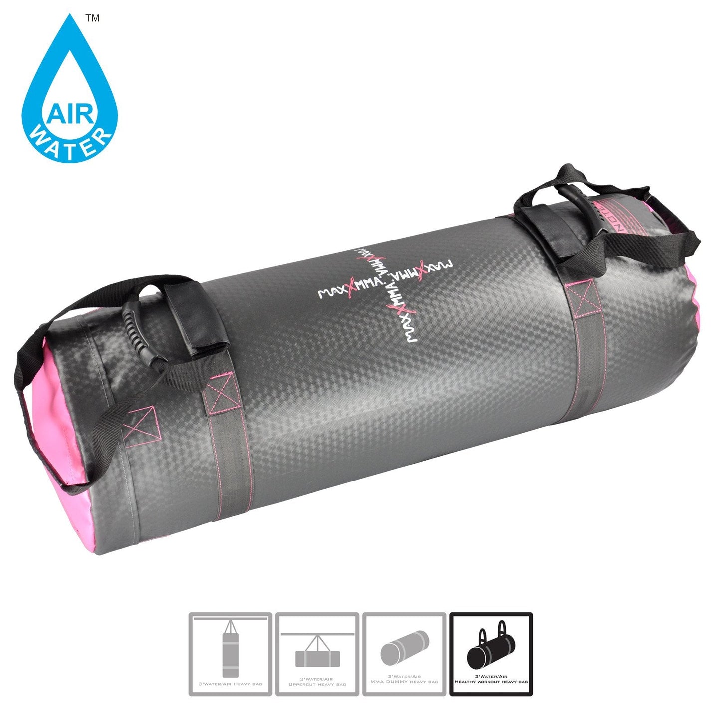 MaxxMMA 3 ft 4-in-1 Water/Air Heavy Bag | Training & Fitness, Uppercut Workout, MMA Grappling, Punching Bag (Grey/Pink)