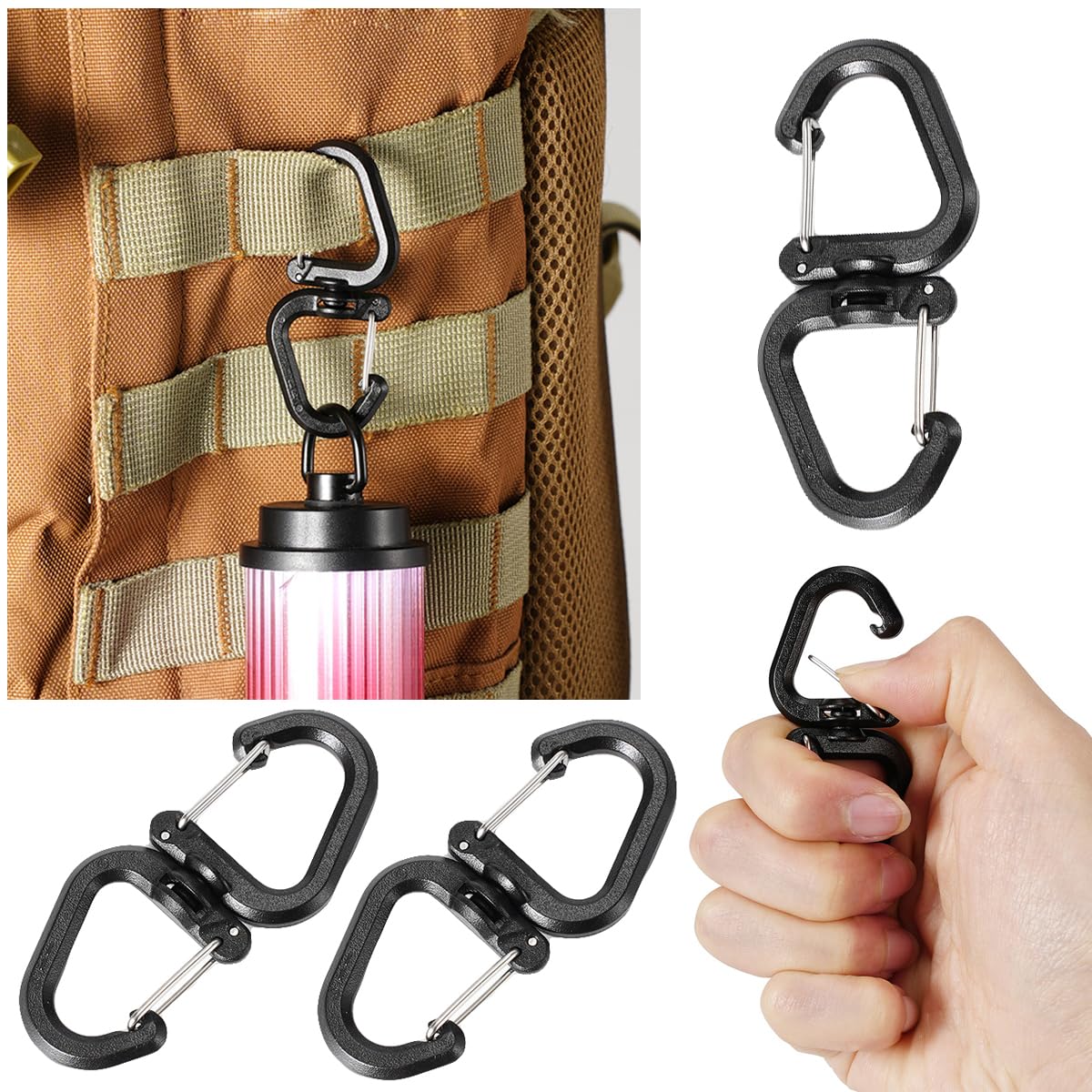 SquEqu 5 Pack Dual Locking Carabiner Clips with Double-Ended Wiregate Utility Hook Lightweight Swivel Snap Clasps Keychain Clip for Camping Hiking Backpack Backpacking Belt Loop Key Chain Flashlight