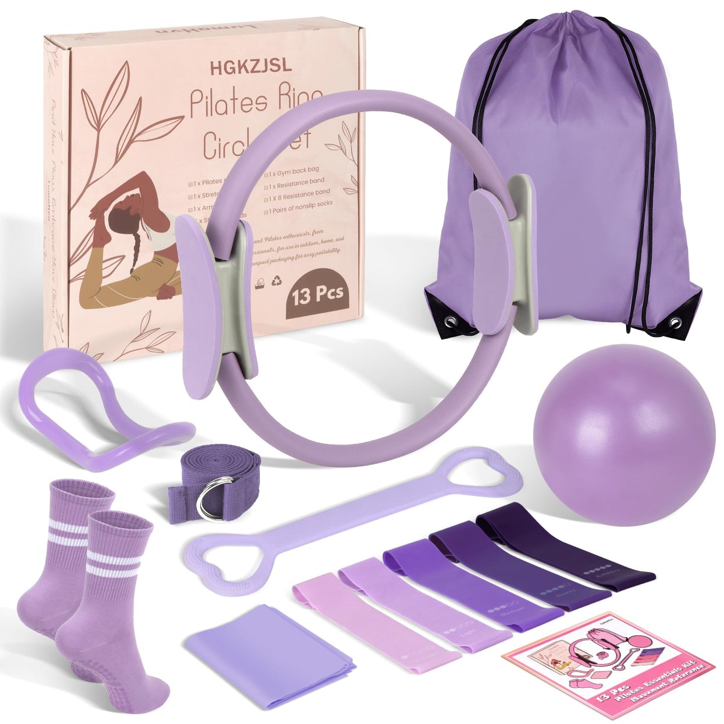 Pilates Kit for Women 13PCS, Pilates Ring and Ball Set with Magic Circle, Resistance Bands Set, Figure 8 Band, Yoga Ring & Grip Socks, Home Workout Equipment Essentials Starter Kit for Beginners