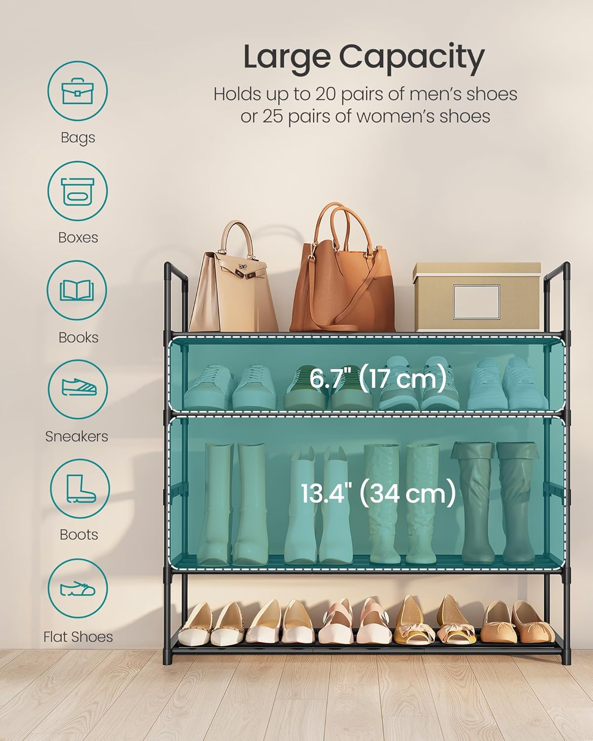 SONGMICS 5-Tier Shoe Rack - Stackable Metal Organizer for 20-25 Pairs | Black, 11.8 x 36.2 x 35.4 Inches