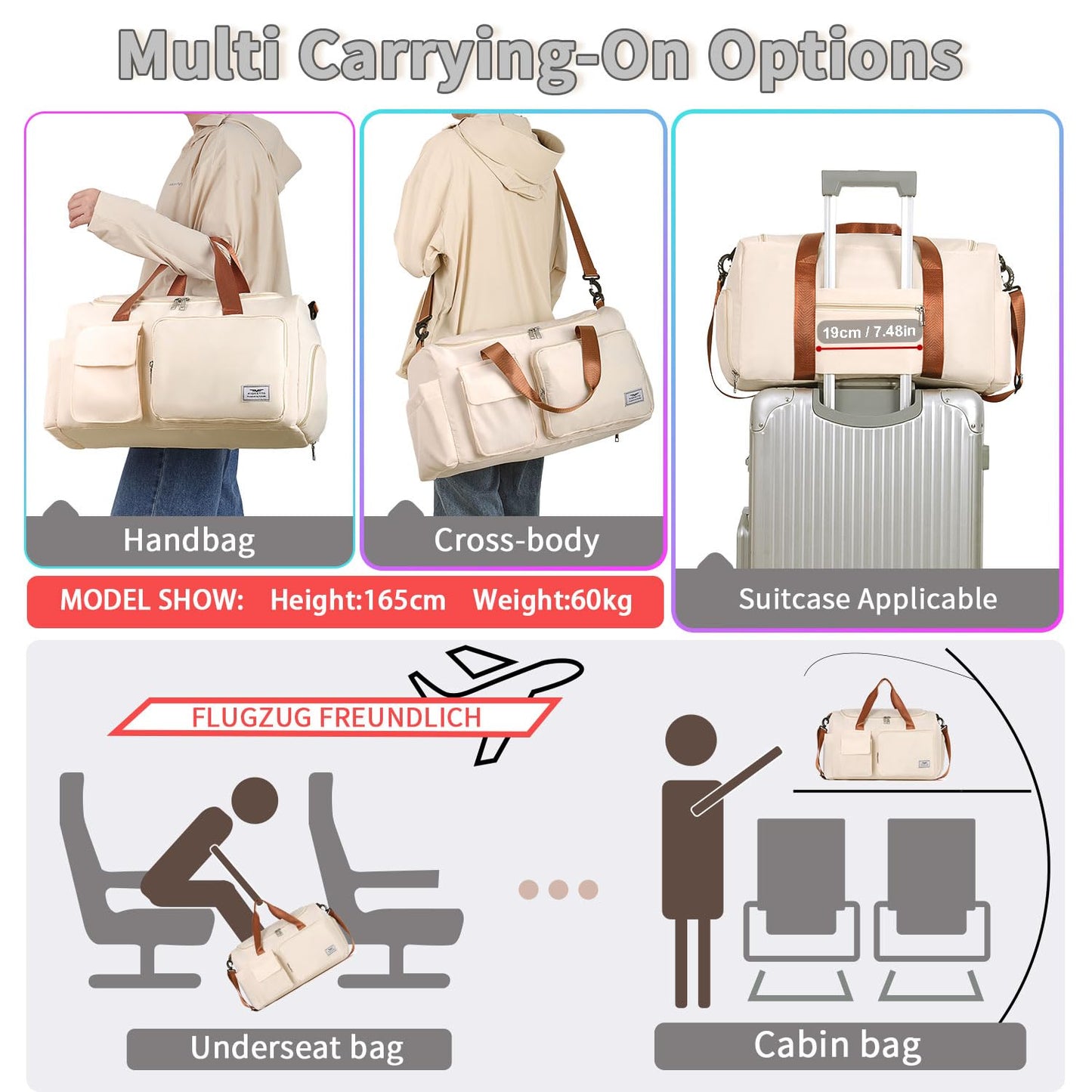 FIORETTO Women's Gym Duffle Bag with Shoes Compartment, 30L Capacity, Ideal for Travel, Gym, Sports, Duffel, Weekender, Beige& Brown