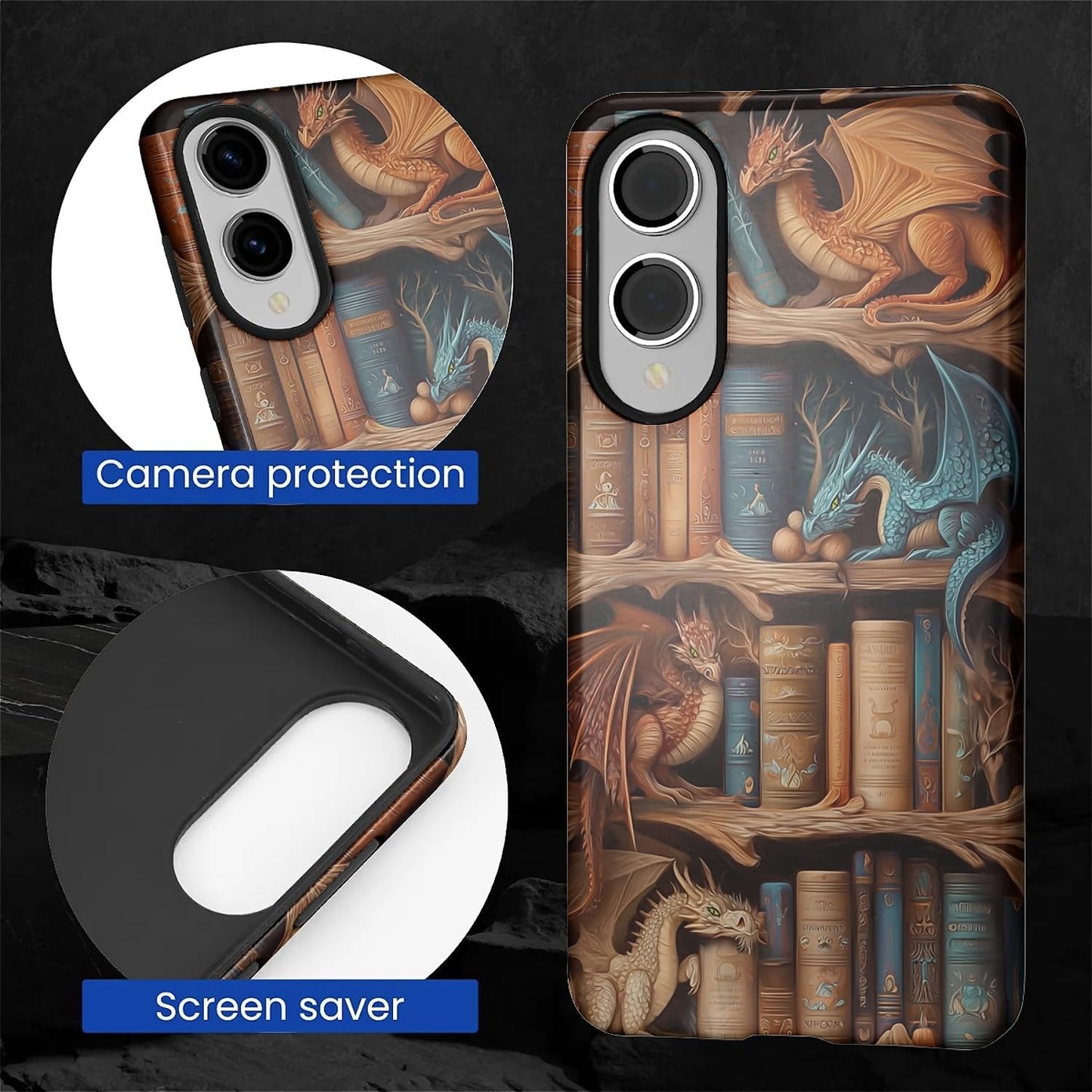 CARLOCA S25 Case for Samsung Galaxy Edge,Bookish Dragon Bookshelf Design- Hybrid Dual Protection Soft TPU + Hard PC
