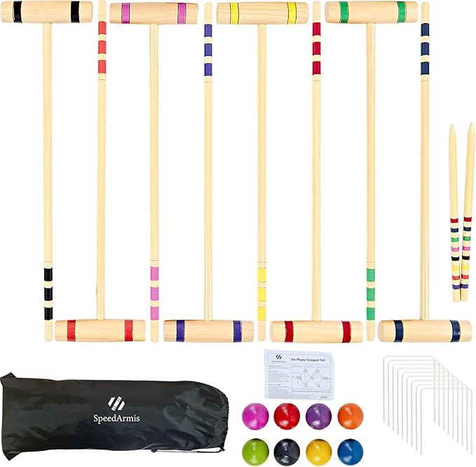 28In Croquet Party Set for 8 Players - Made of Long-Lasting Pine Wood, Family Fun for Backyards, Camping and More, Comes with Colorful Mallets, PE Balls, Wickets, Stakes, and Carrying Bag