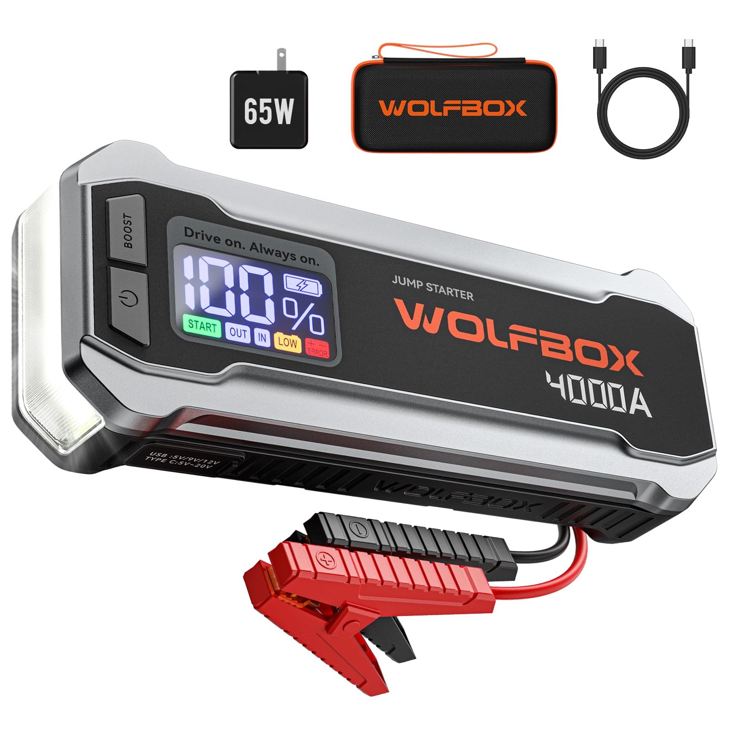 WOLFBOX 4000A Jump Starter,12V Car Battery Jumper Starter Portable with 65W Quick Charger,LED Display,88.8Wh Booster Jump Box Pack (10L Gas 10L Diesel Engine) with LED Light,Jumper Cables, Silver