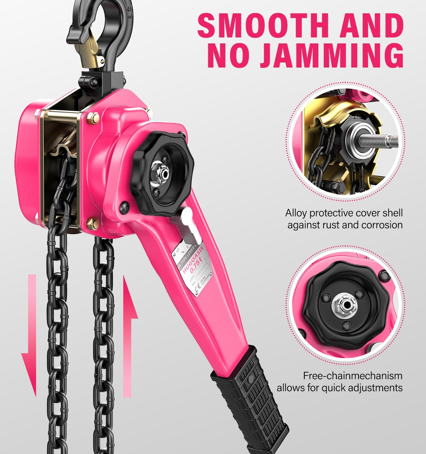 HUGOASIS Lever Chain Hoist 3/4 Ton 1650 Lbs Capacity 10FT Lift 2 Heavy Duty Hooks,Manganese Steel G80 Manganese Steel with Double-Pawl Brake Chain Come Along for Warehouse,Automotive,Garages,Pink