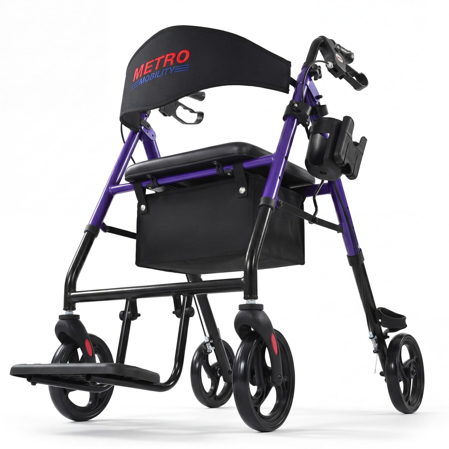 Metro Mobility 2 in 1 Rollator Walker & Transport Wheelchair, Foldable Lightweight Rollator Walker with Seat for Seniors, 8" Big Wheels for All Terrain, 300 lb. Weight Capacity, Purple