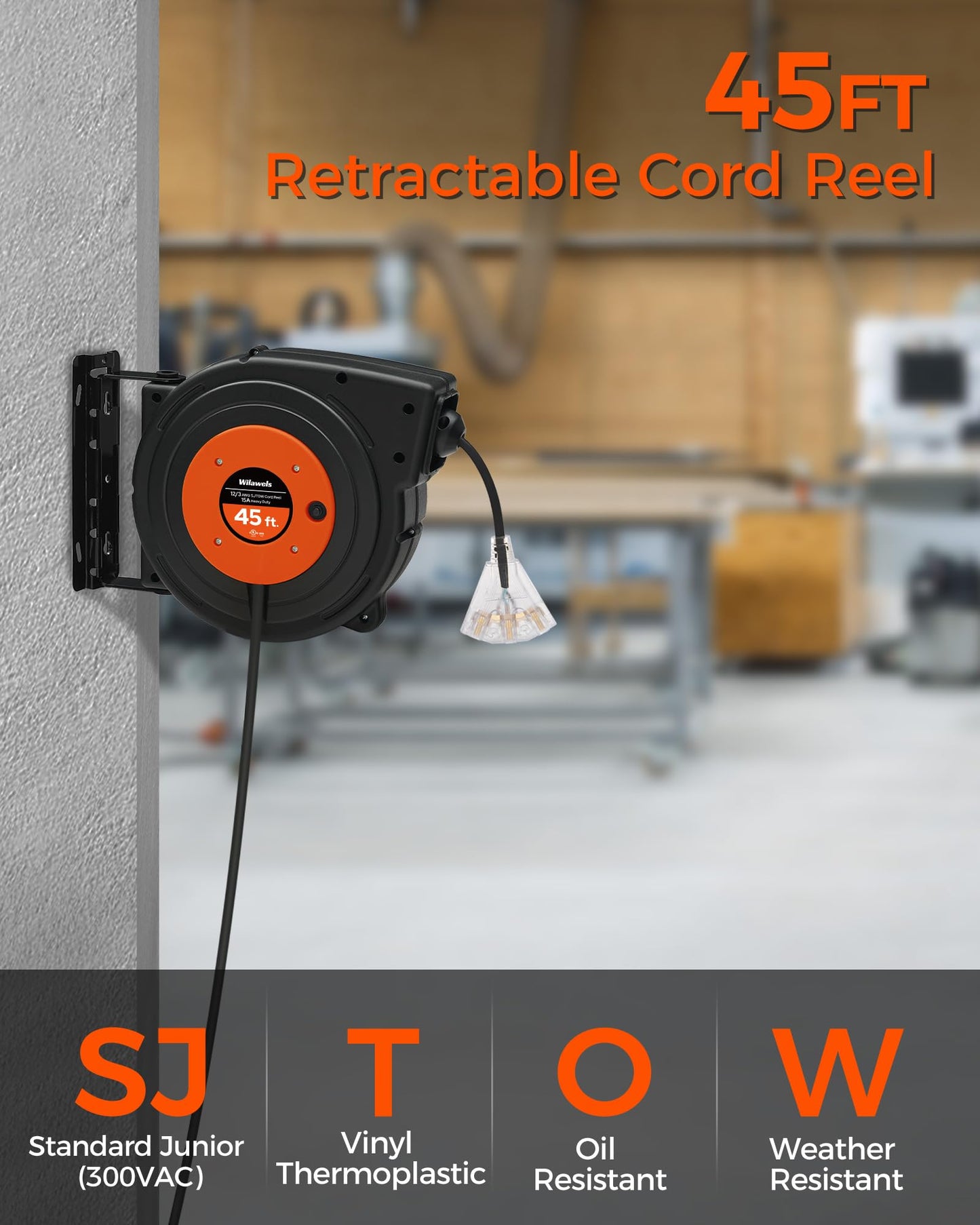 WILAWELS 45 FT 12AWG/3C SJTOW Retractable Extension Cord Reel and 18W 2000LM 25FT LED Work Light Bundle, for Garage, Workshop, Car Repair Scene B45CR06- Y04WL06