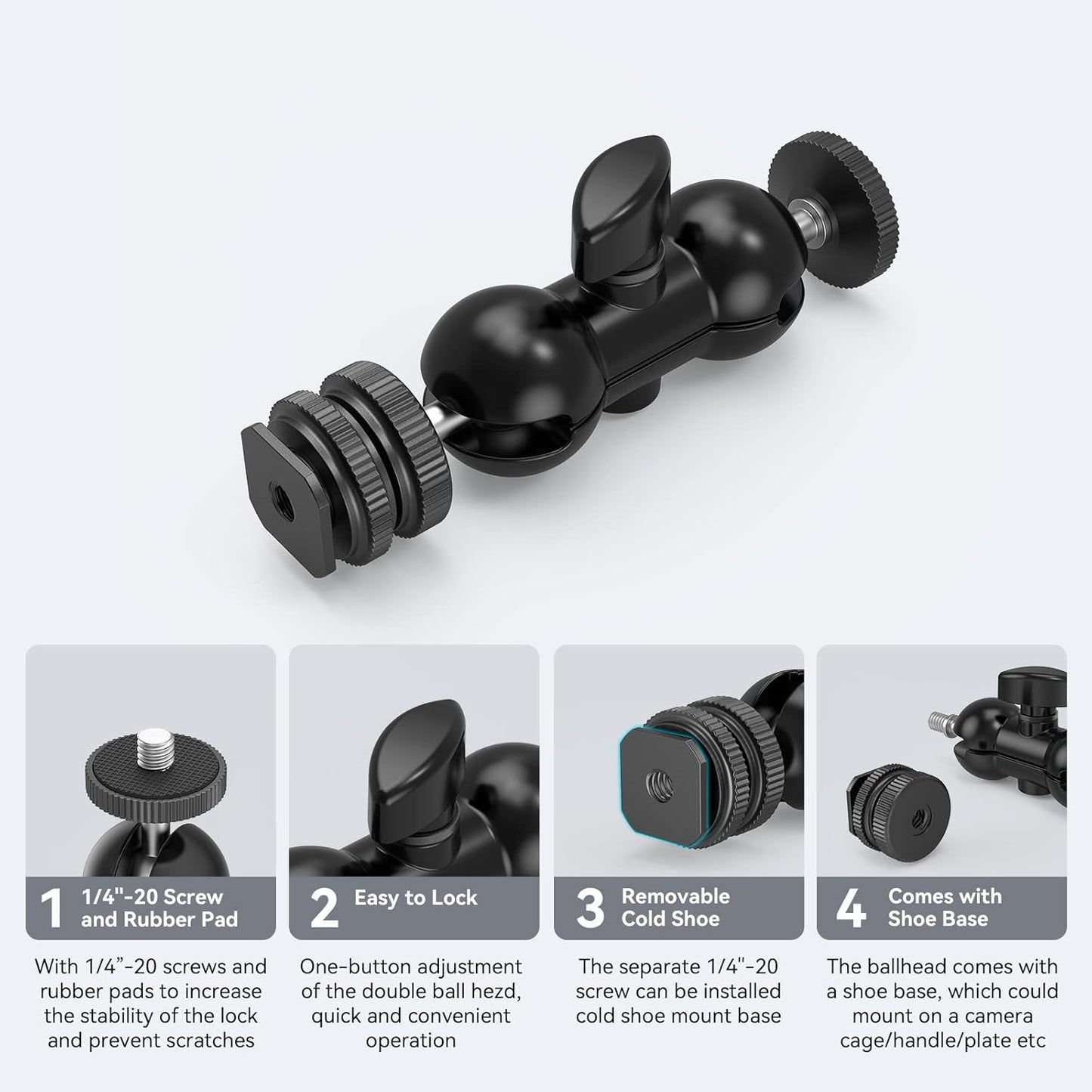 SMALLRIG 1/4" 1135 Cool Ballhead, Multi-Function Double Ball Dead Adapter with Shoe Mount & Screw for Monitors Led