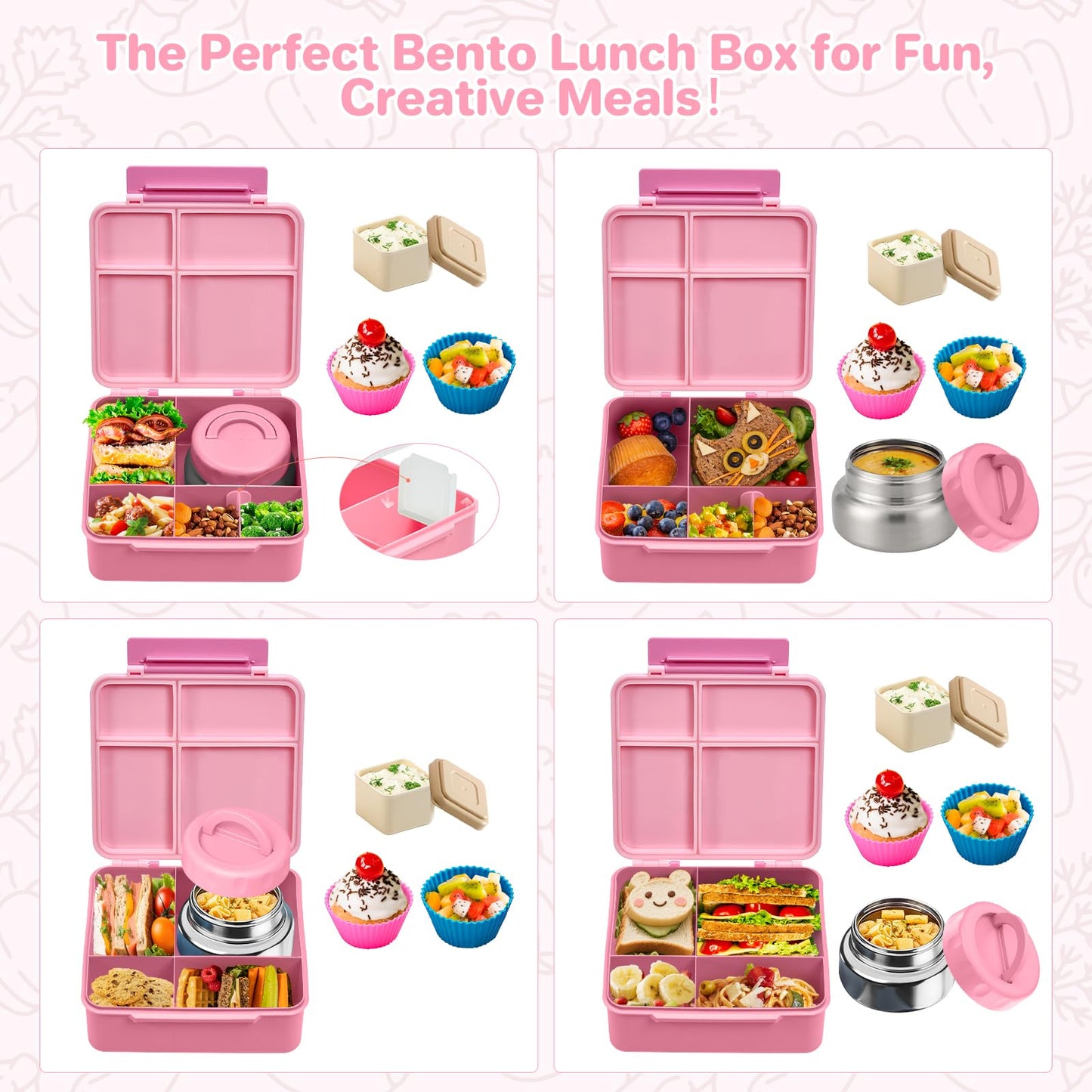 JSLOVE Bento Lunch Box with Leak Proof Thermos Food Jar for Kids, Food Lunch Containers for Girls with 4 Compartments, BPA-Free with Utensils, Food Picks, Sauce Jar & Silicone Lunch Box Dividers