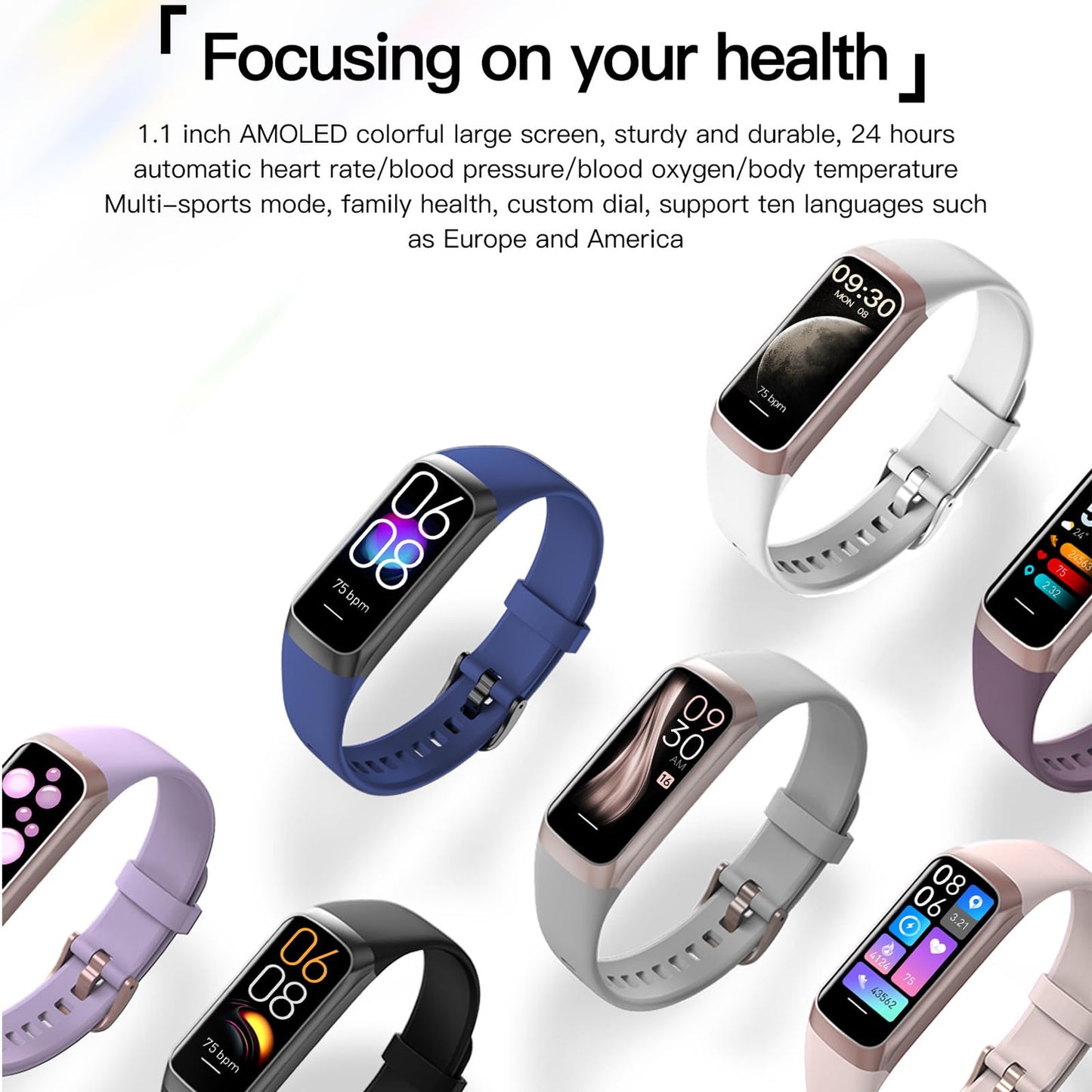 Keep Health Fitness Trackers For Women Men Amoled Step Counter Slim Thin 25 Sports Modes With Heart Rate Blood Pressure Monitor Alarm Stopwatch Timer Calories Burned IP68 Step Tracker Watch