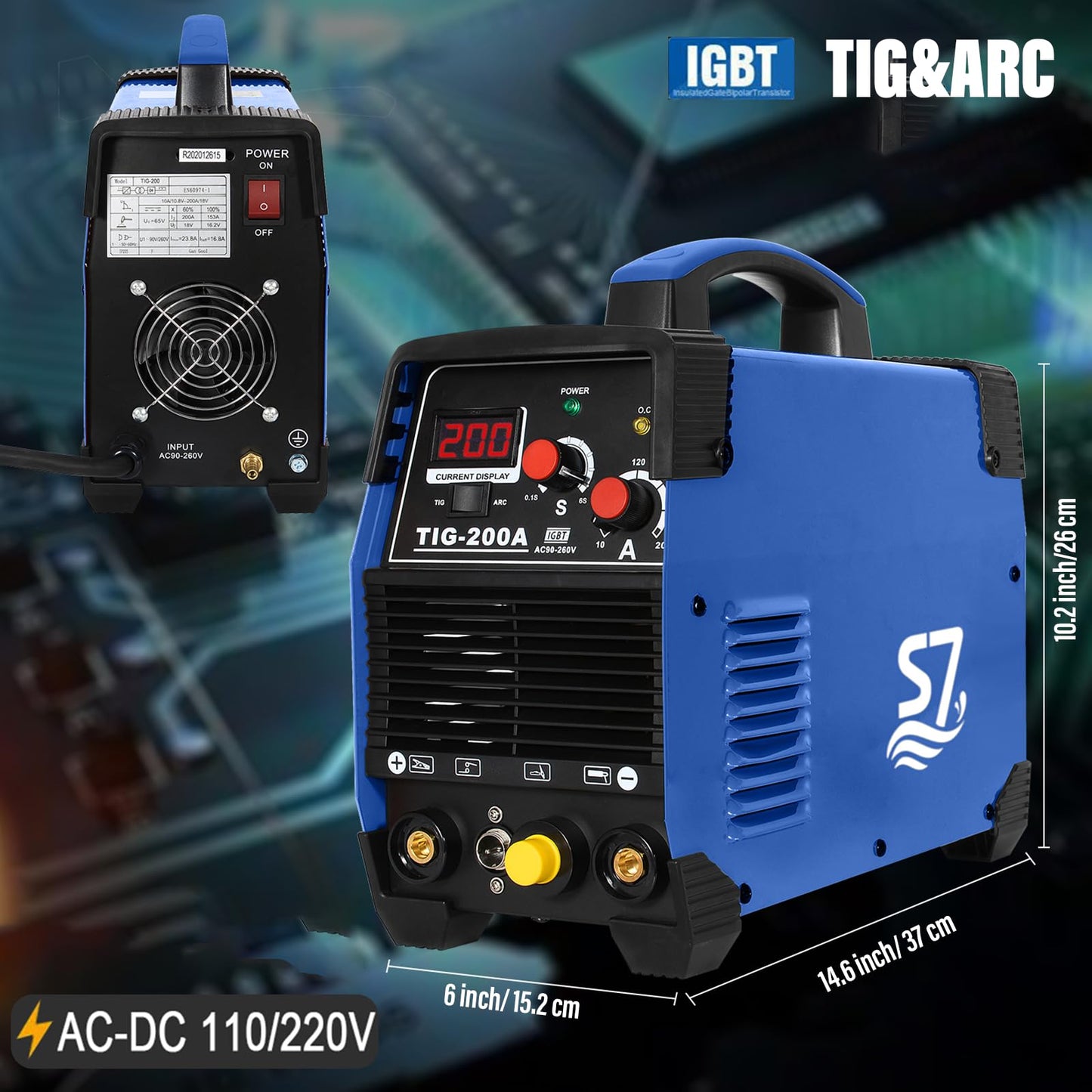 S7 200A HF Start TIG Welder, DC TIG and Stick Welder, 110V/220V Dual Voltage Portable Welding Machine for Garage Repair, DIY Projects, Stainless Steel and Mild Steel
