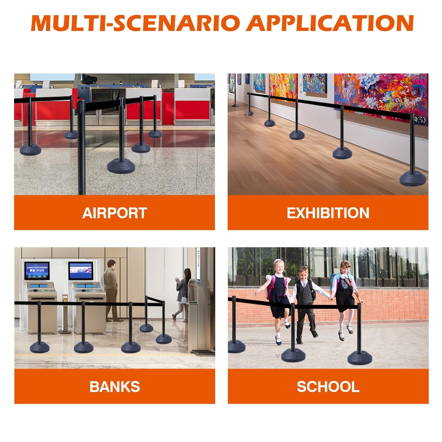 OranclUS 6 Pack Crowd Control Stanchions with 10FT Retractable Belt, Water Filled Base, Black Barrier Posts for Queue Management, Events, and Public Safety