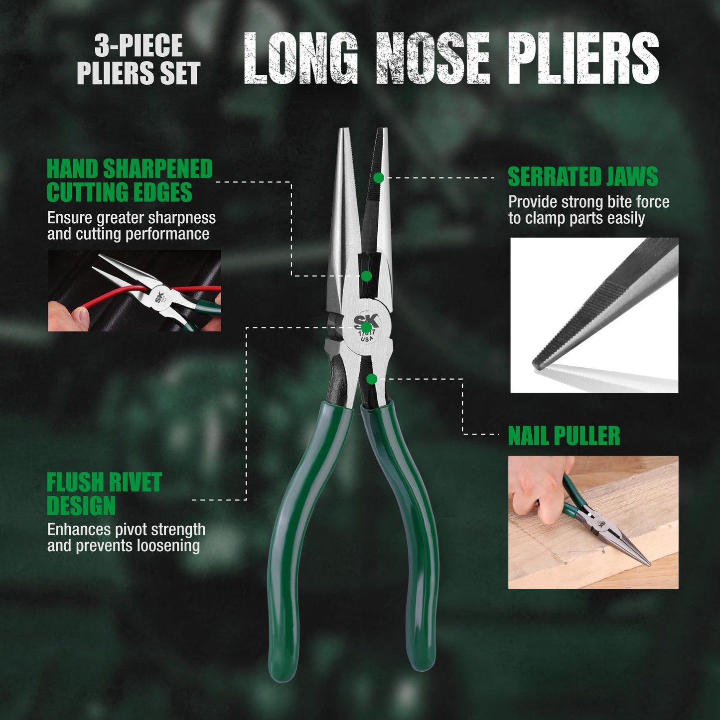 SK Tools USA 3 Piece Water Pump Pliers Set: Diagonal Cutting, Long Nose Cutting, Tongue & Groove | 17840