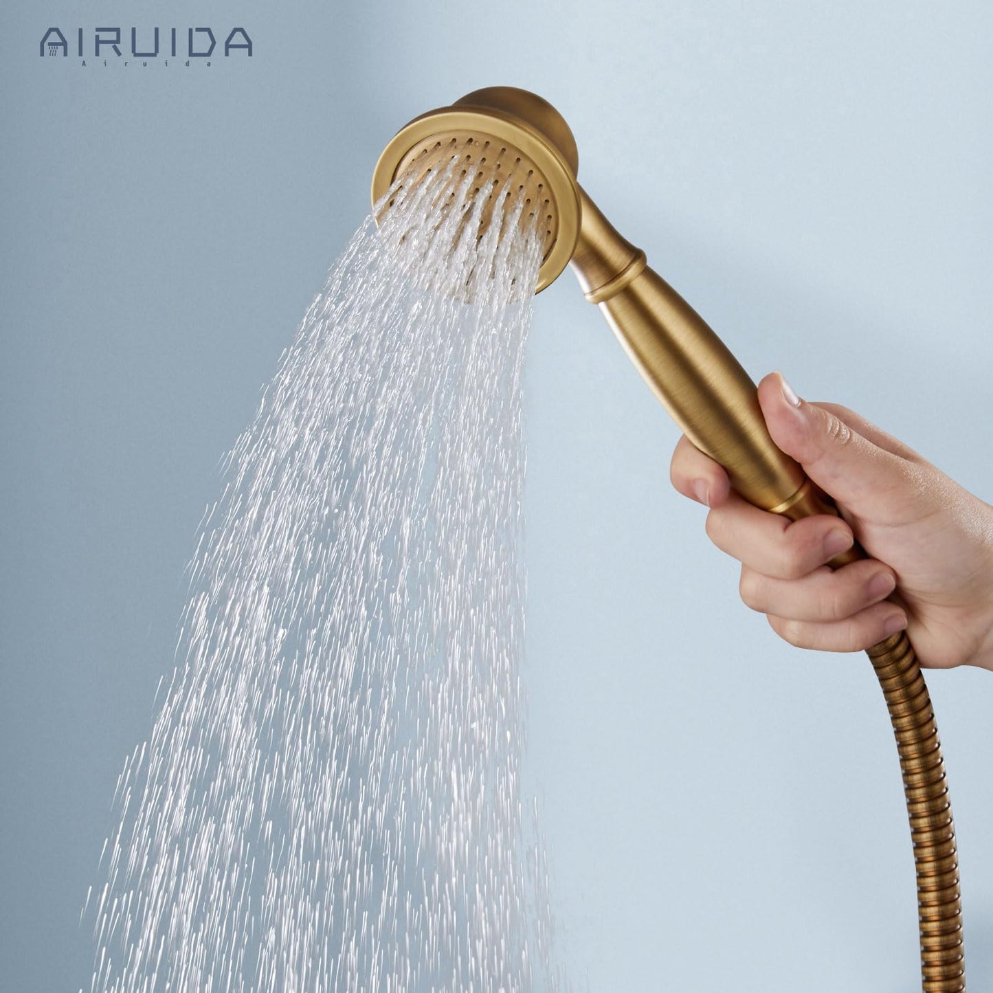 Airuida Exposed Shower System, 8 Inch Rainfall Shower Head with Handheld Spray, Single Handle Wall Mount Shower Faucet Set, Solid Brass Dual Function Exposed Pipe Fixture for Bathroom,Antique Brass