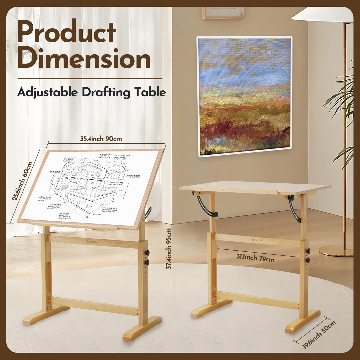 conda Wood Drafting Table - Adjustable Height, 35.5"x23.5" Plan Table for Construction with Tiltable Surface, Rustic Architect Table & Blue Print Tables for Drawing, Writing, Graphic Design