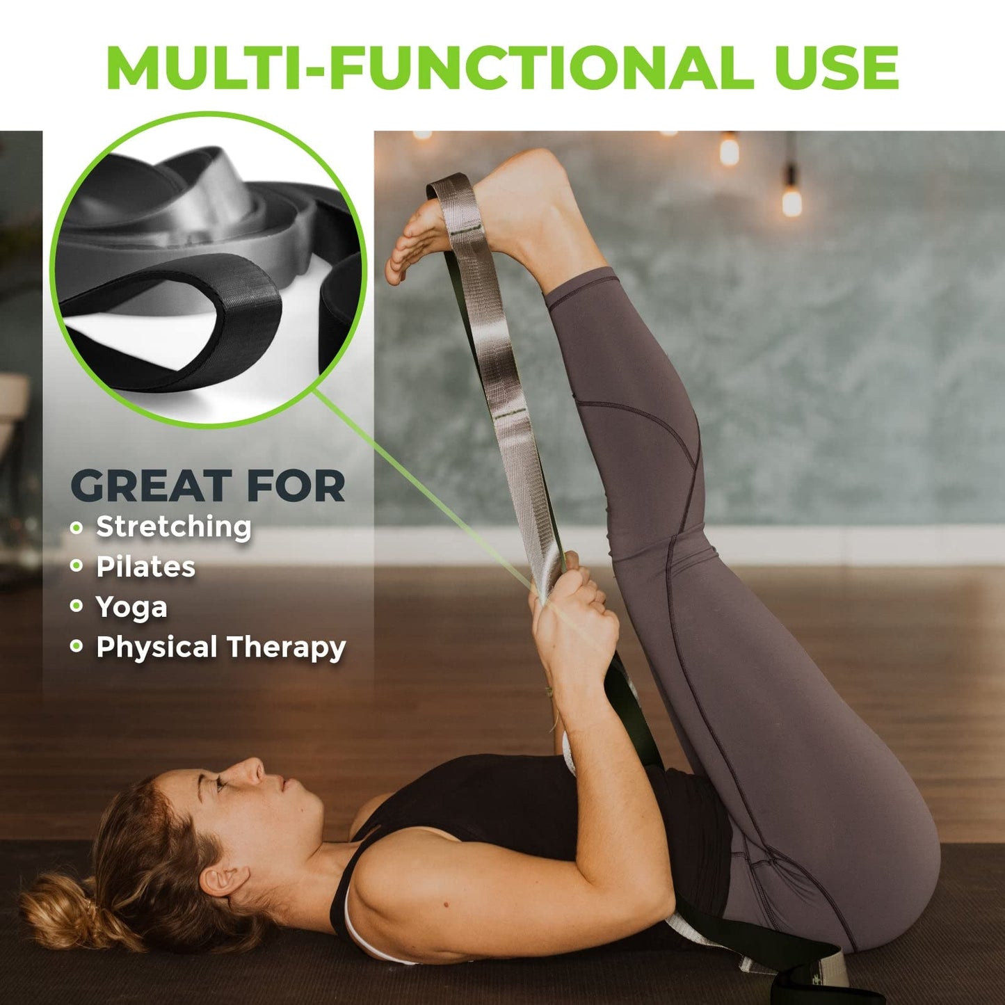 Gradient Fitness Stretching Strap for Physical Therapy, 12 Multi-Loop Stretch Strap 1.5" W x 8' L, Neoprene Handles, Physical Therapy Equipment, Yoga Straps for Stretching, Leg Stretcher, (Black/Grey)