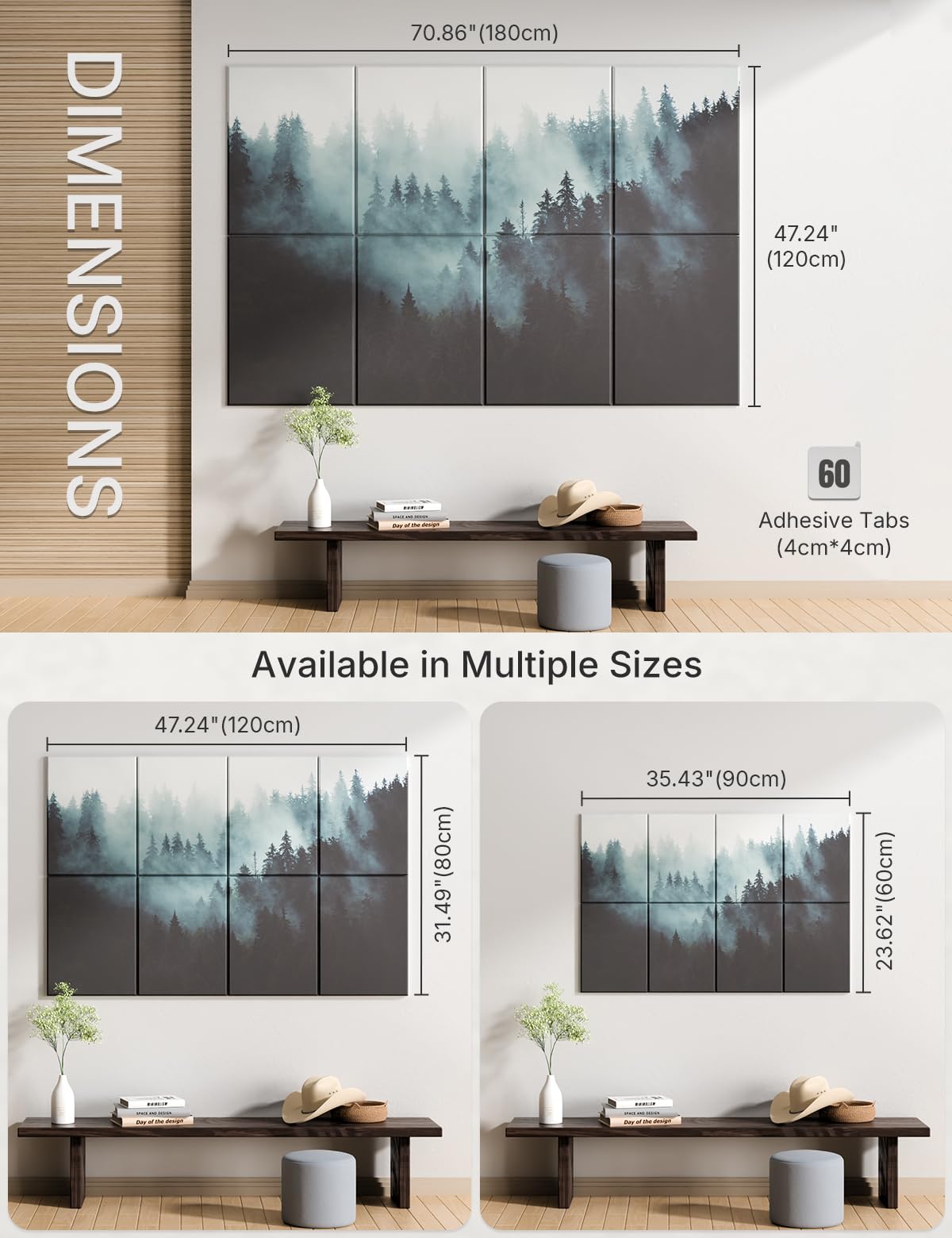 Wall Art Acoustic Panels,70''×47''Sound Absorbing Panels-8-Pack with 60 Adhesive Tabs, Panels for Living Room and Recording Studio, Offices-Foggy Nature Forest