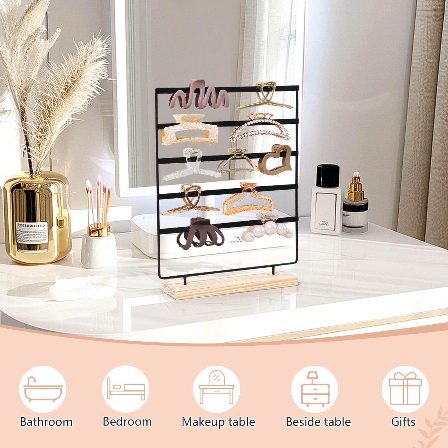 SNOWSTAR Hair Claw Clip Holder Organizer - 5 Tier Iron Rod Hair Clip Holder Storage for Women Girls, Wood Base Desktop Organizer